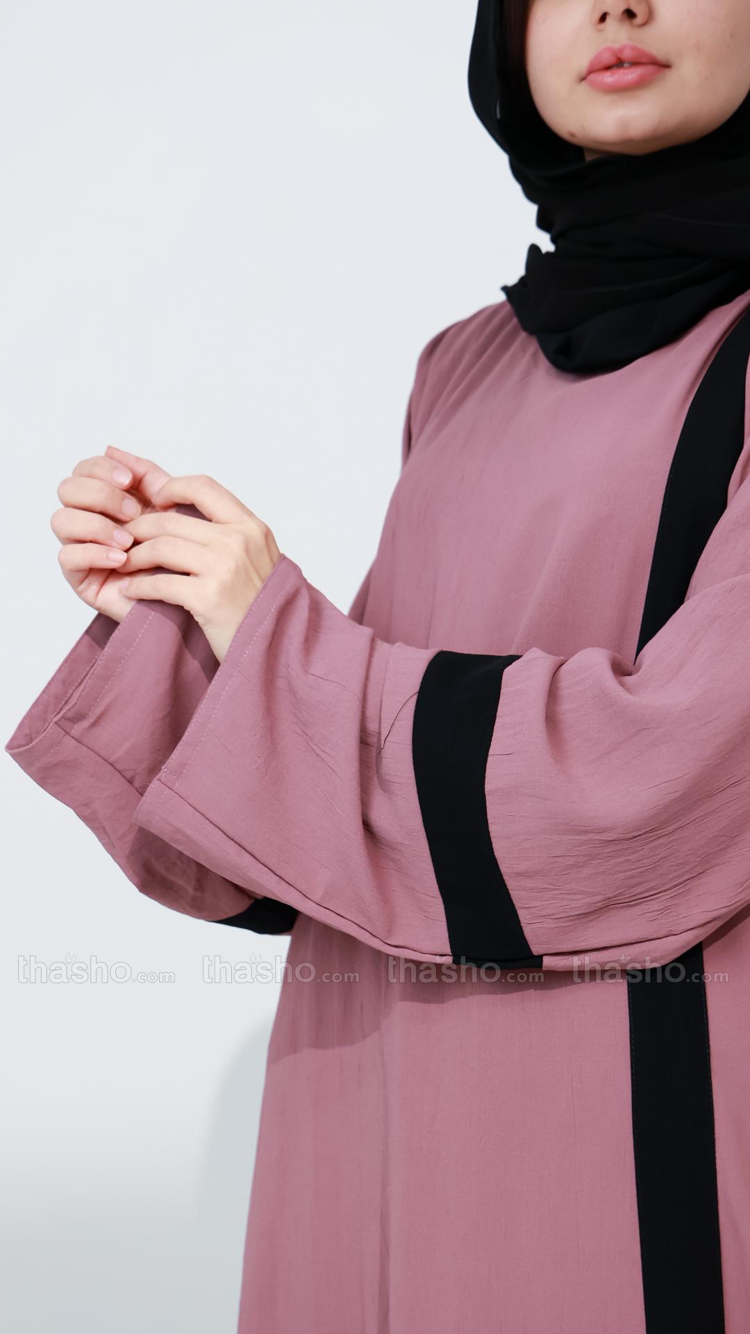 Black Abaya with Simple Puce Pink Abaya with Band on Front.