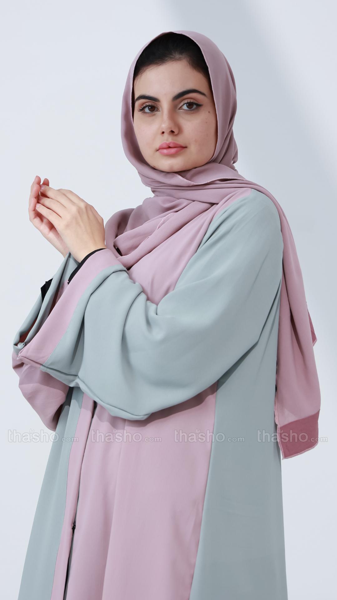   Chrome Grey And Blush Pink Front Open Abaya 