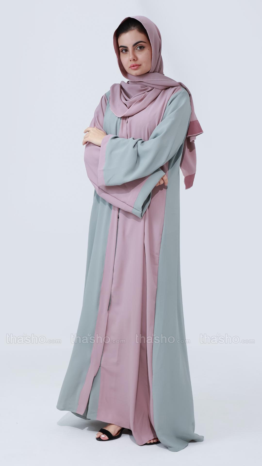   Chrome Grey And Blush Pink Front Open Abaya 