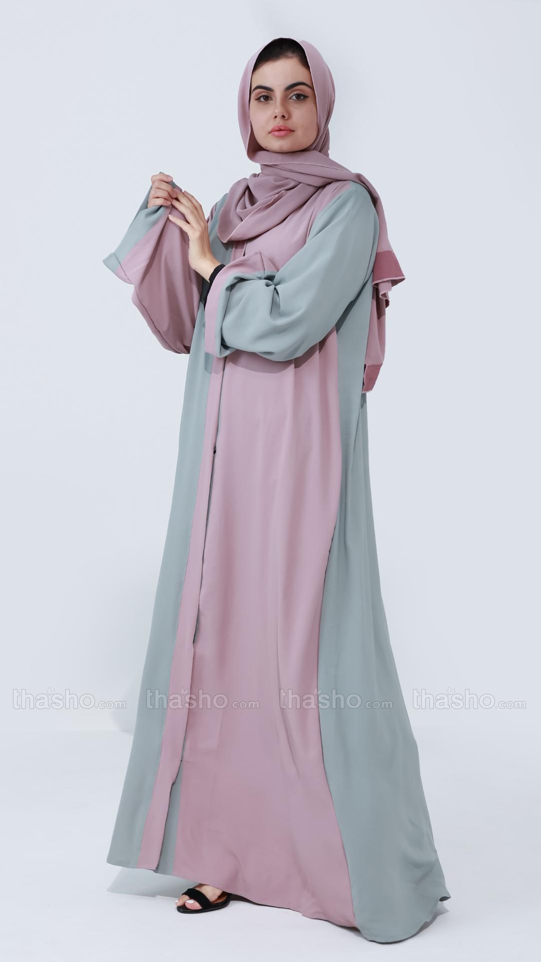   Chrome Grey And Blush Pink Front Open Abaya 