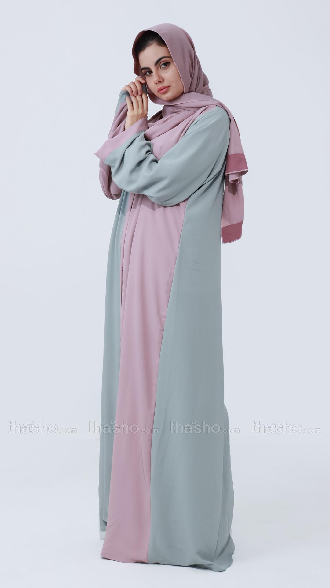   Chrome Grey And Blush Pink Front Open Abaya 