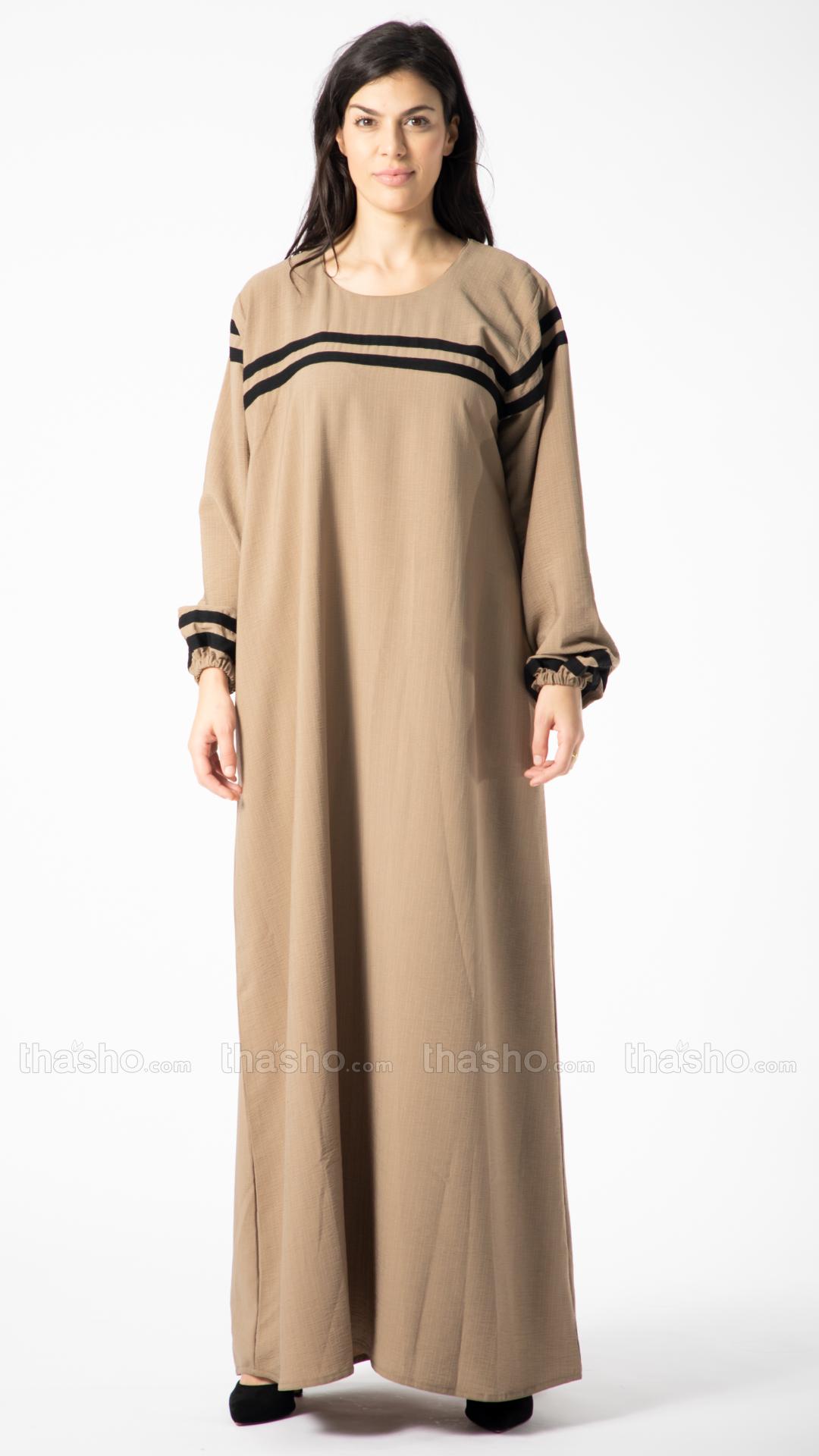 Modest Abaya With Black Band Work On Front And Sleeve In Peanut Brown.