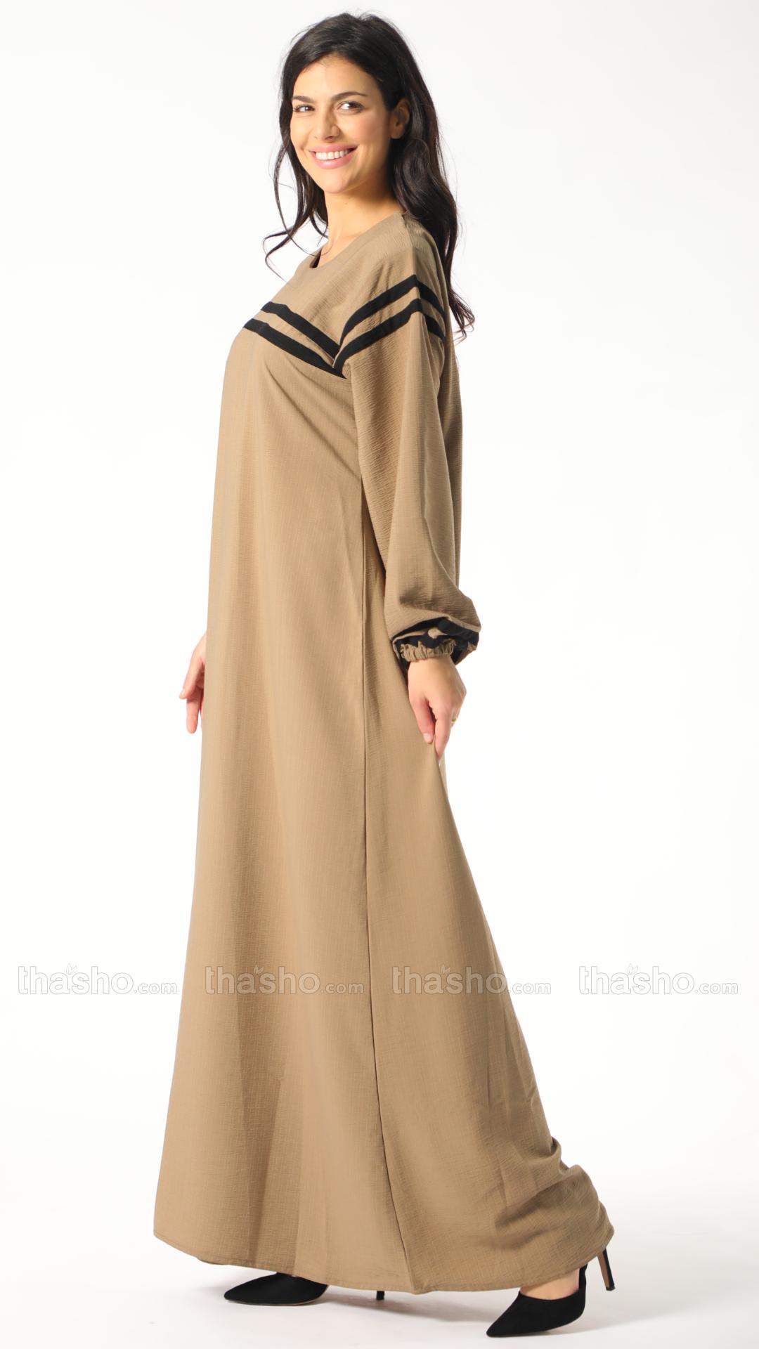 Modest Abaya With Black Band Work On Front And Sleeve In Peanut Brown.