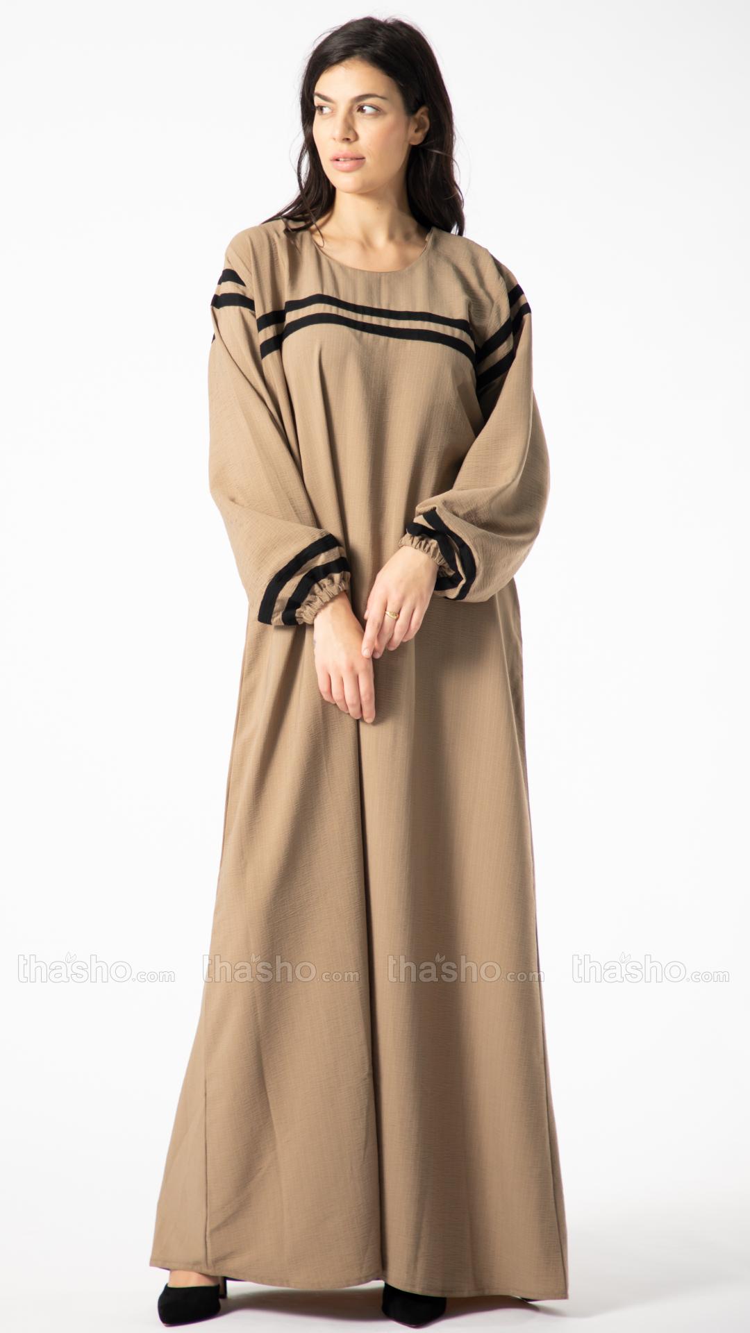 Modest Abaya With Black Band Work On Front And Sleeve In Peanut Brown.