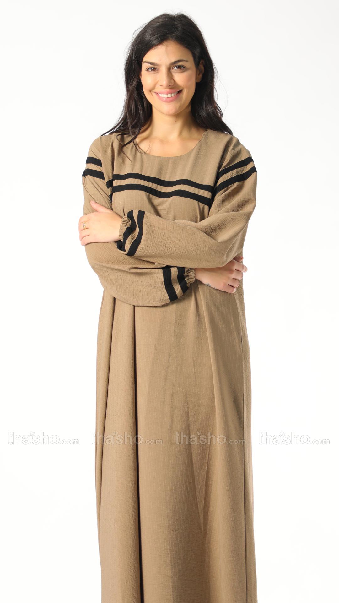 Modest Abaya With Black Band Work On Front And Sleeve In Peanut Brown.