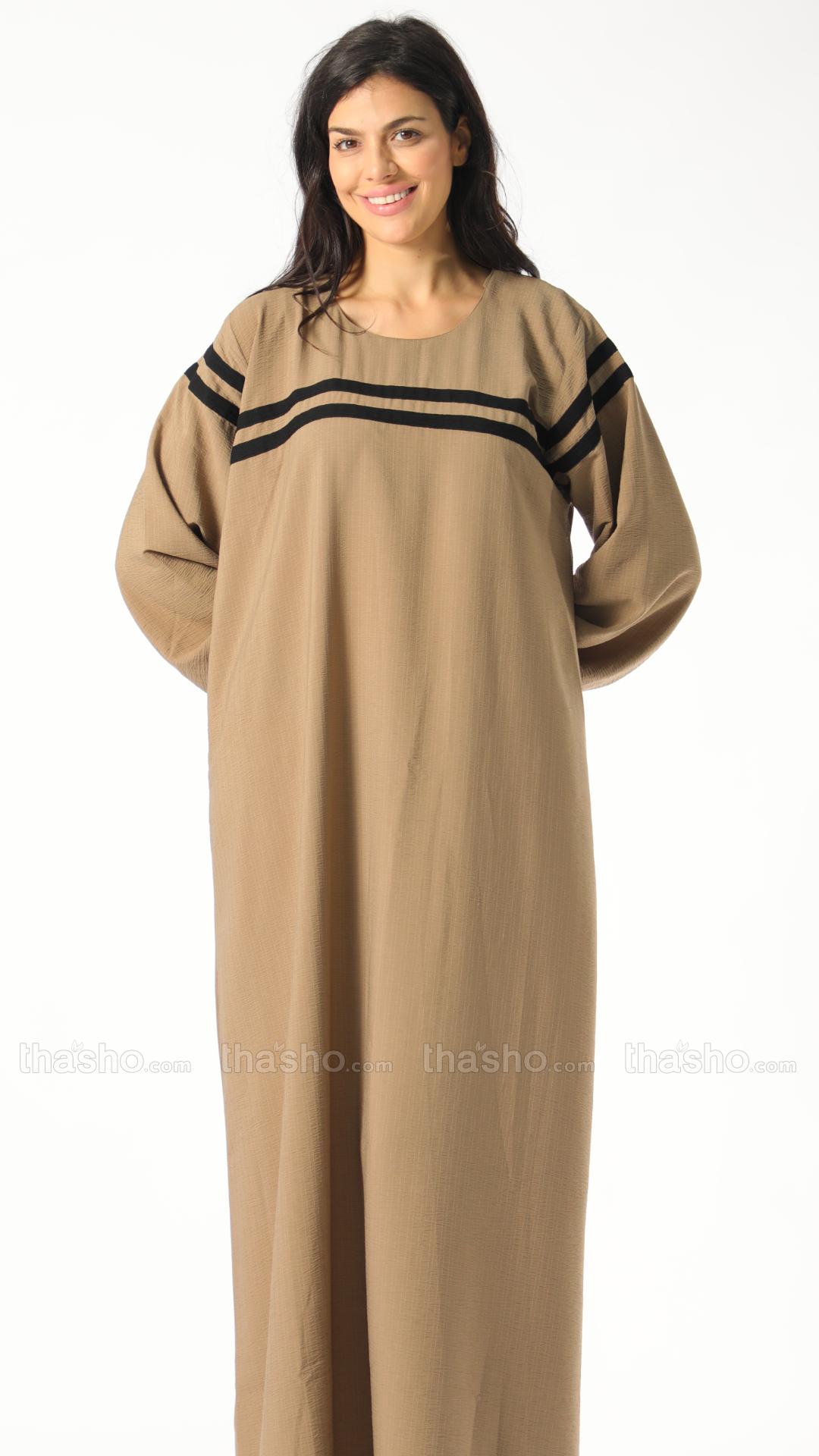 Modest Abaya With Black Band Work On Front And Sleeve In Peanut Brown.