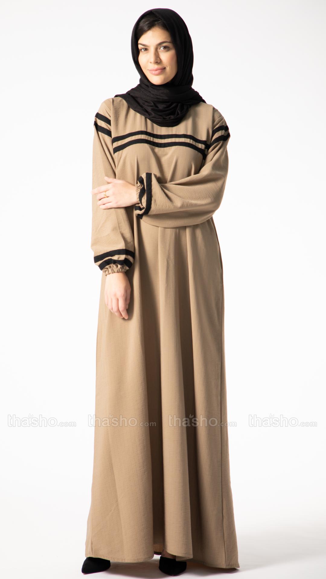 Modest Abaya With Black Band Work On Front And Sleeve In Peanut Brown.