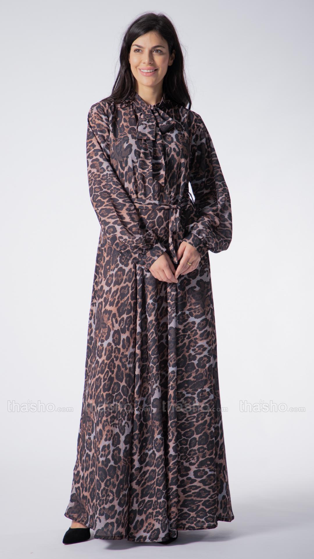 Elegant Modest Dress with a TieUp Neck in Tiger Print