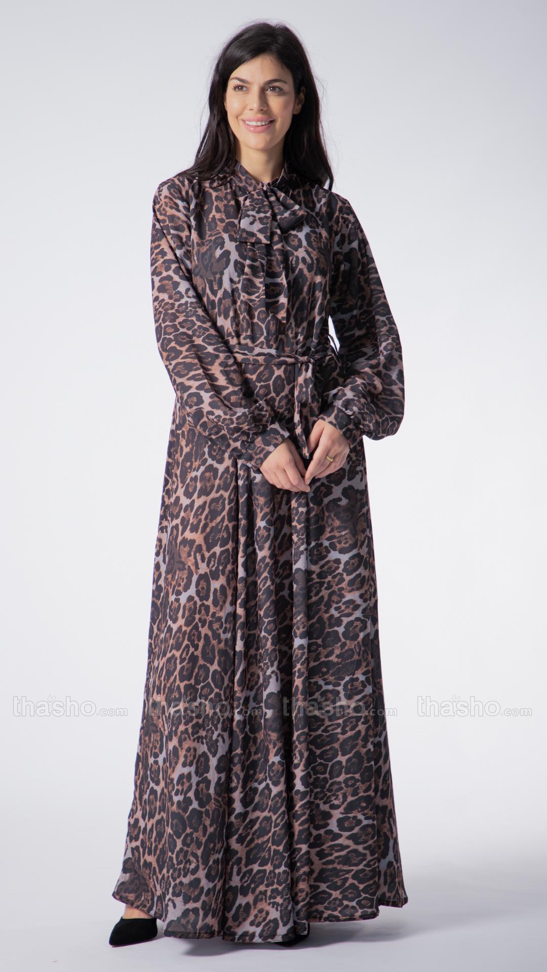 Tiger Printed Modest Dress With Tie Up Neck