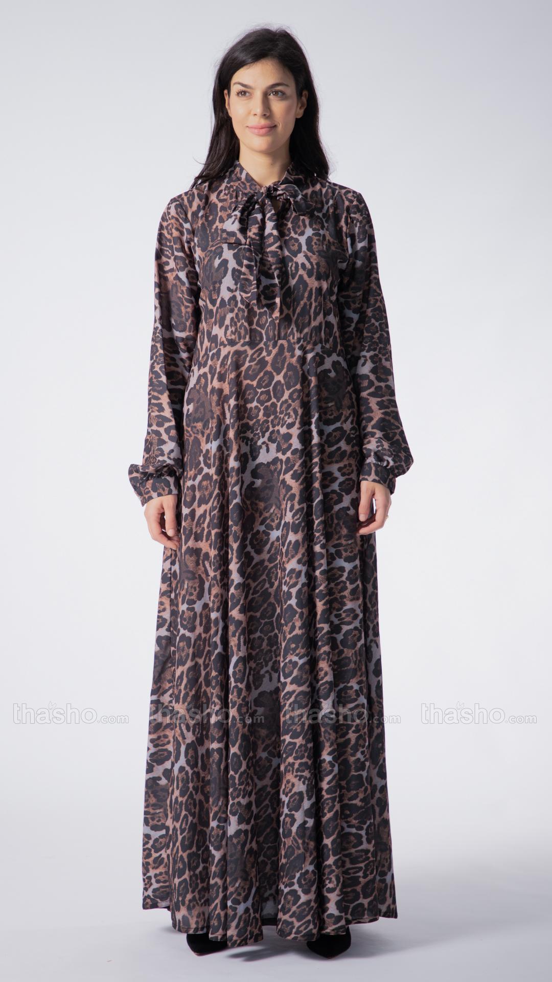 Elegant Modest Dress with a TieUp Neck in Tiger Print