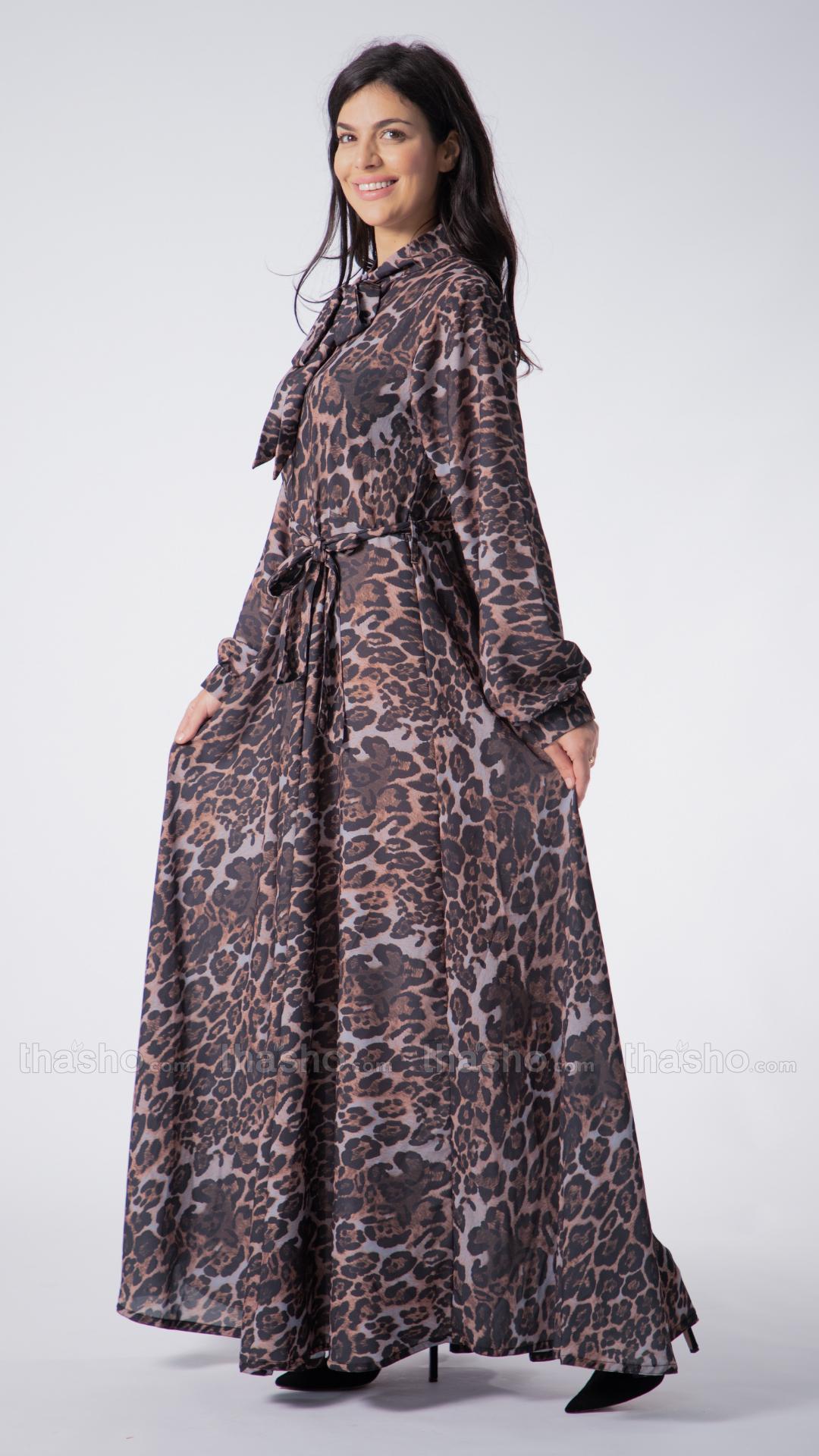 Elegant Modest Dress with a TieUp Neck in Tiger Print