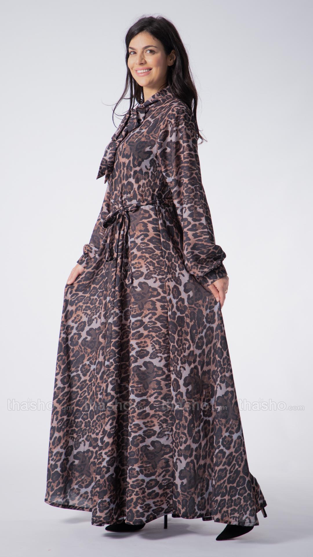 Tiger Printed Modest Dress With Tie Up Neck