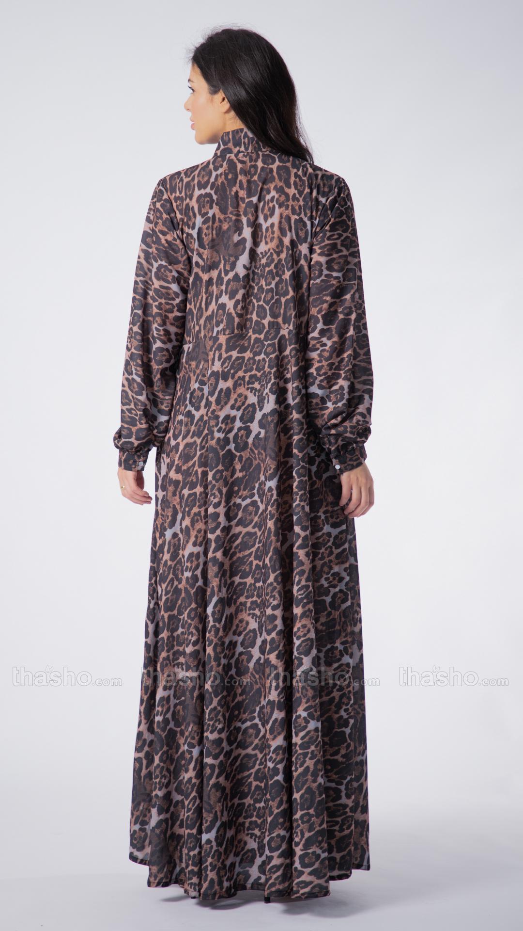 Elegant Modest Dress with a TieUp Neck in Tiger Print