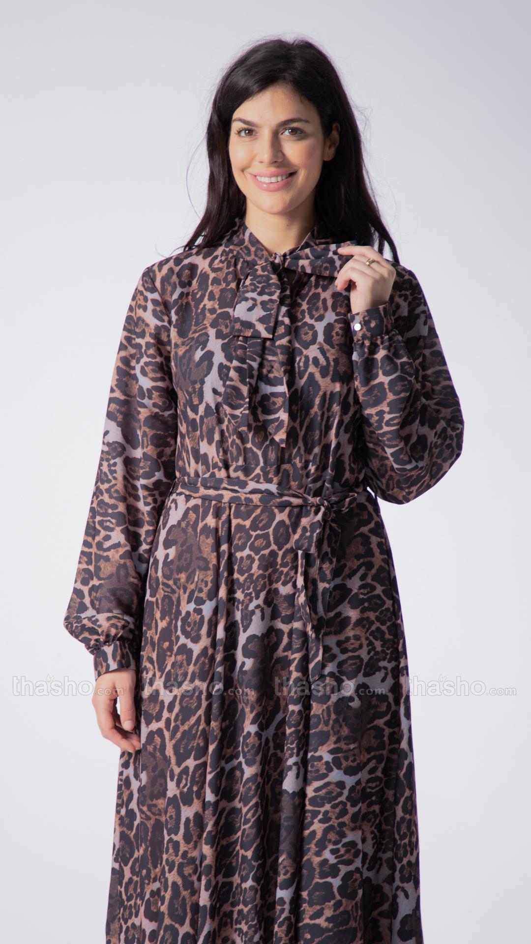 Elegant Modest Dress with a TieUp Neck in Tiger Print