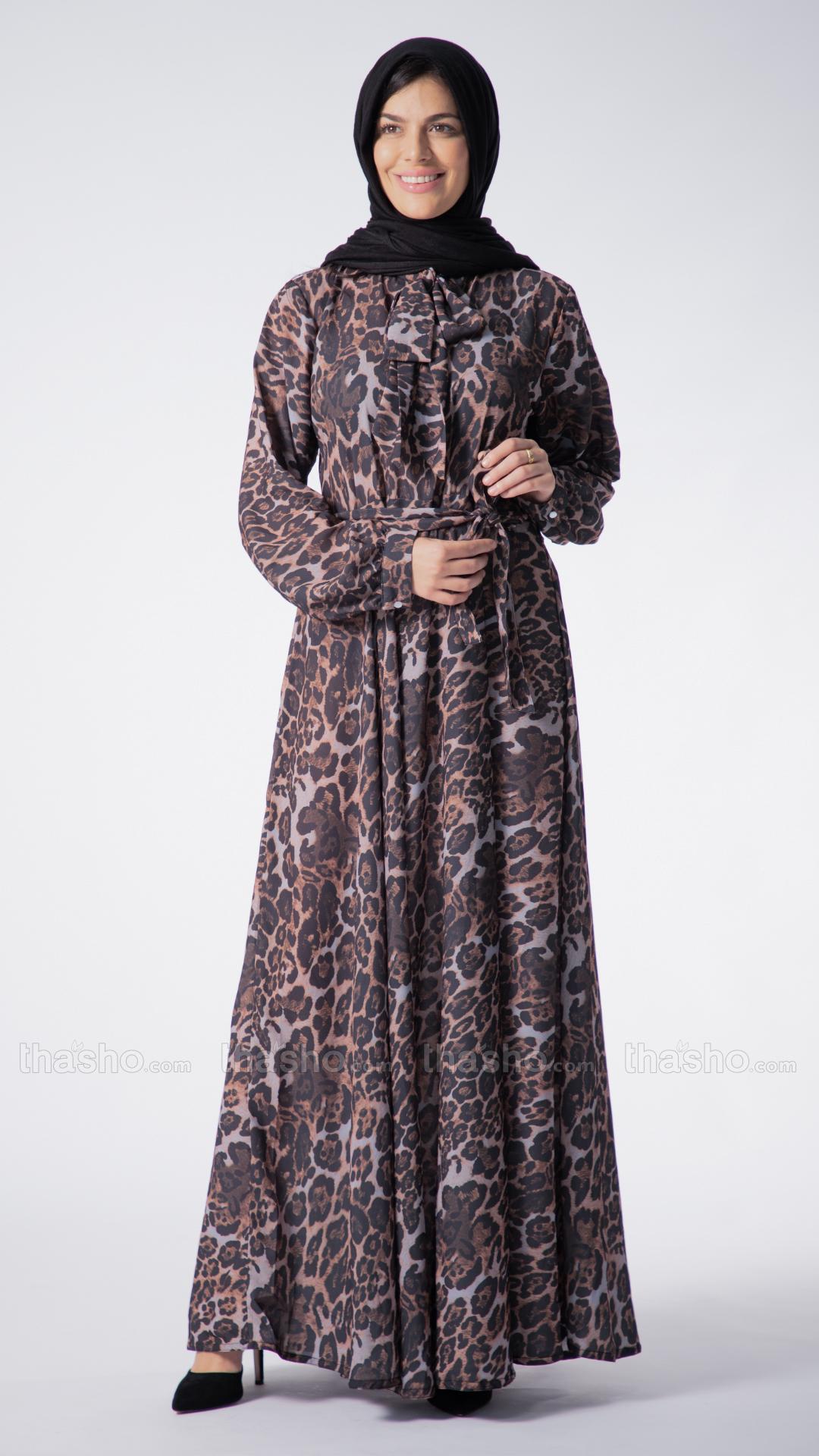 Elegant Modest Dress with a TieUp Neck in Tiger Print