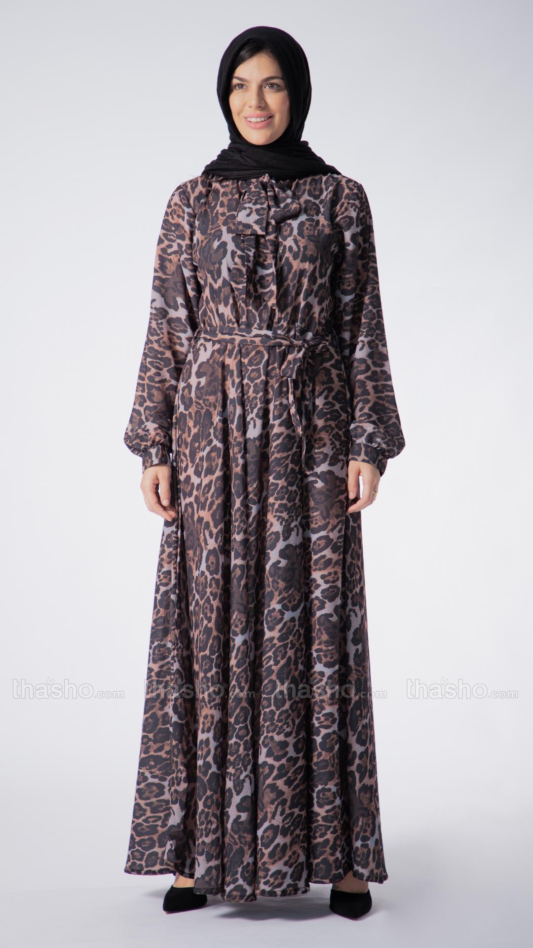 Elegant Modest Dress with a TieUp Neck in Tiger Print