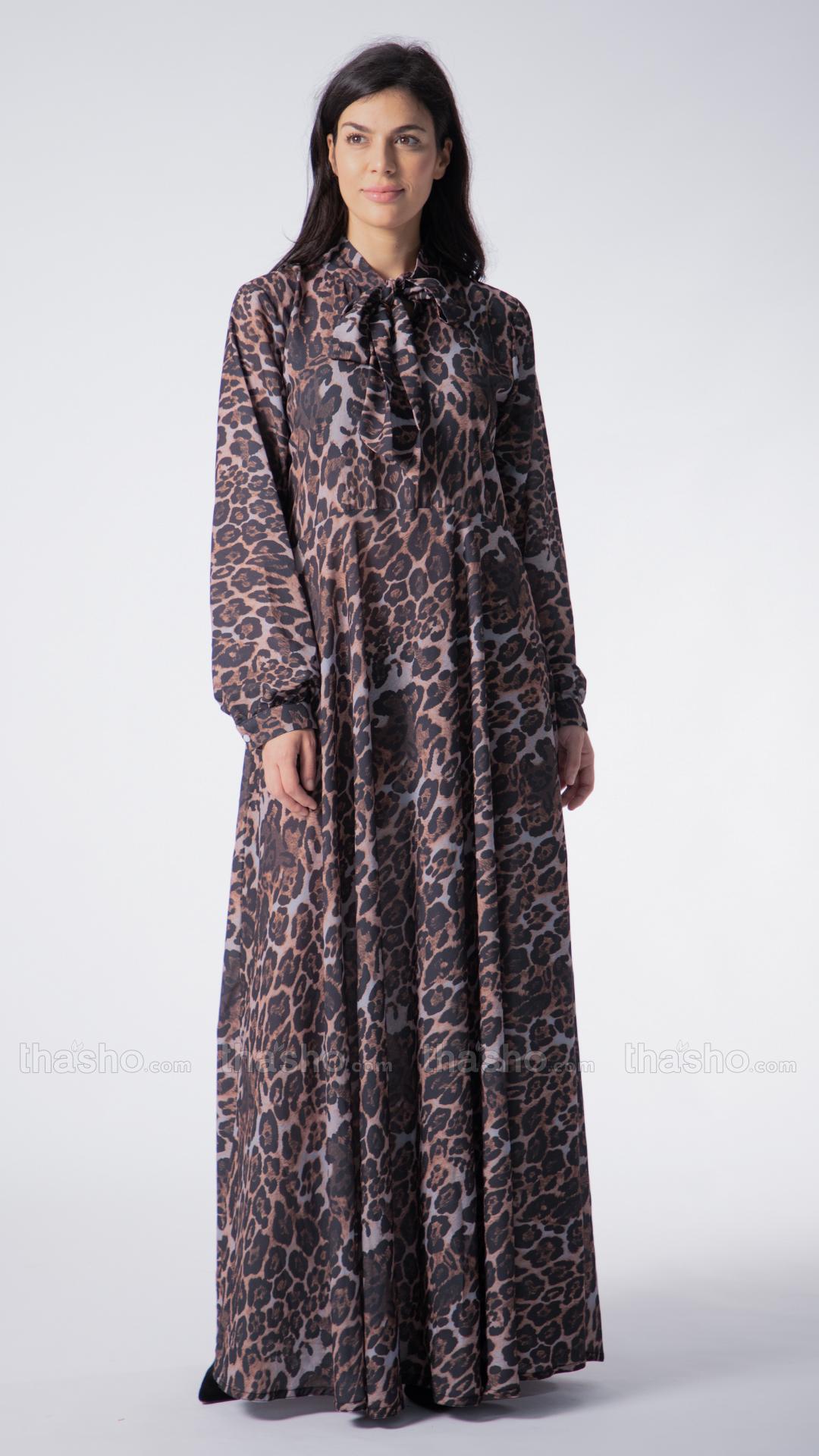 Elegant Modest Dress with a TieUp Neck in Tiger Print