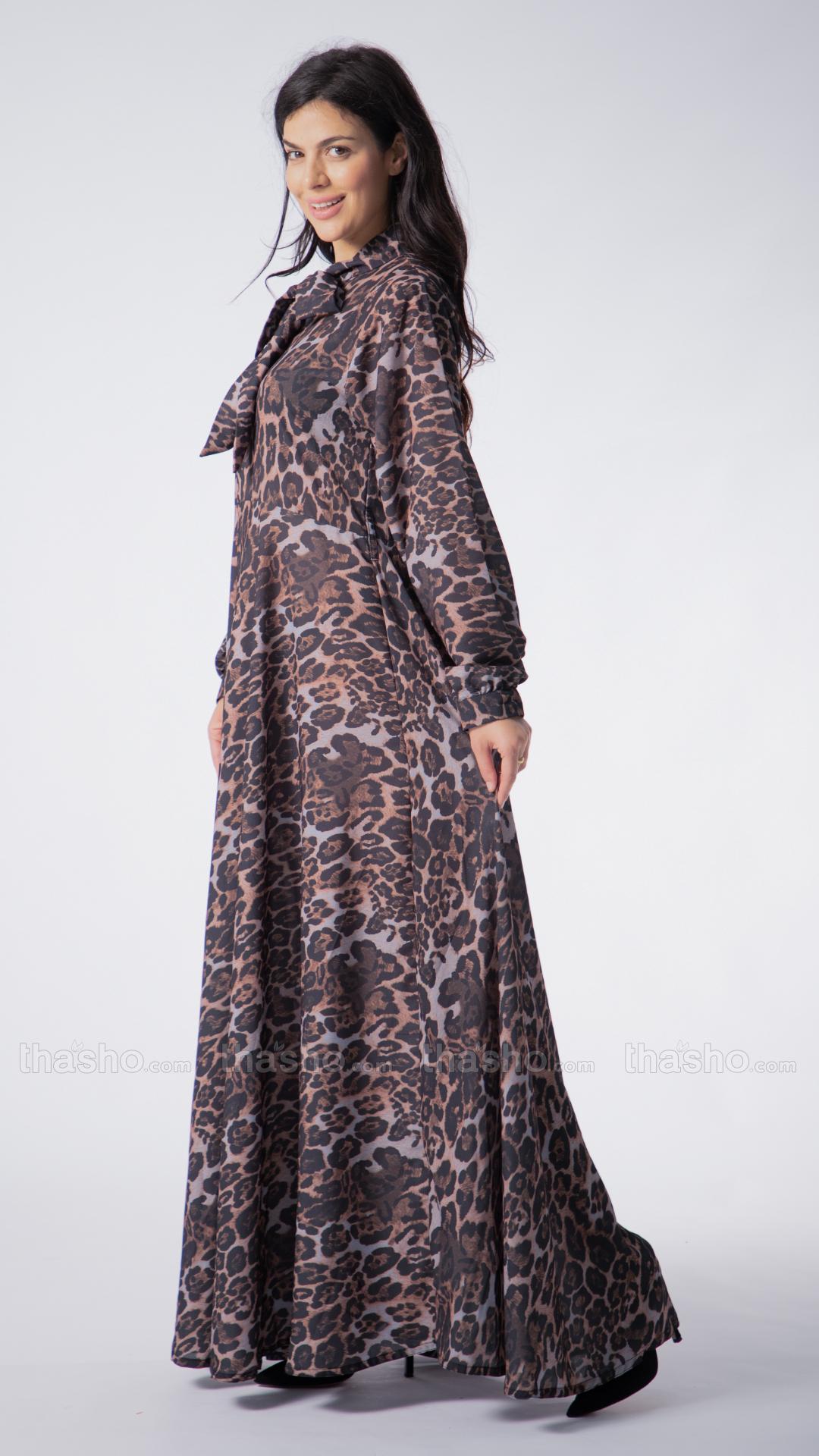 Elegant Modest Dress with a TieUp Neck in Tiger Print