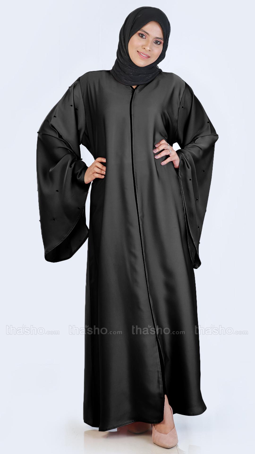 Black Simple Abaya With Pearl Work On Sleeve