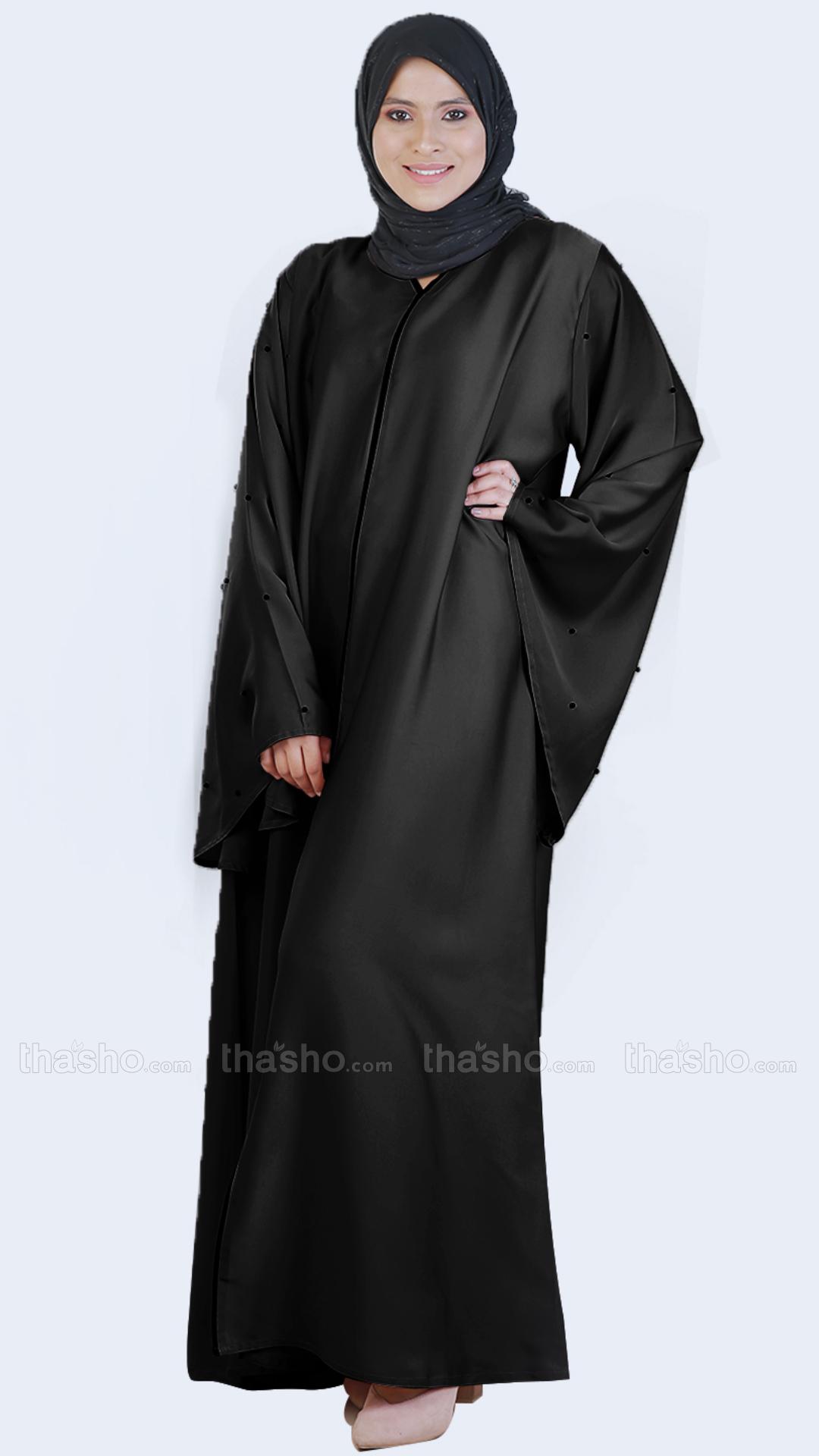 Black Simple Abaya with Pearl Work on the Sleeves