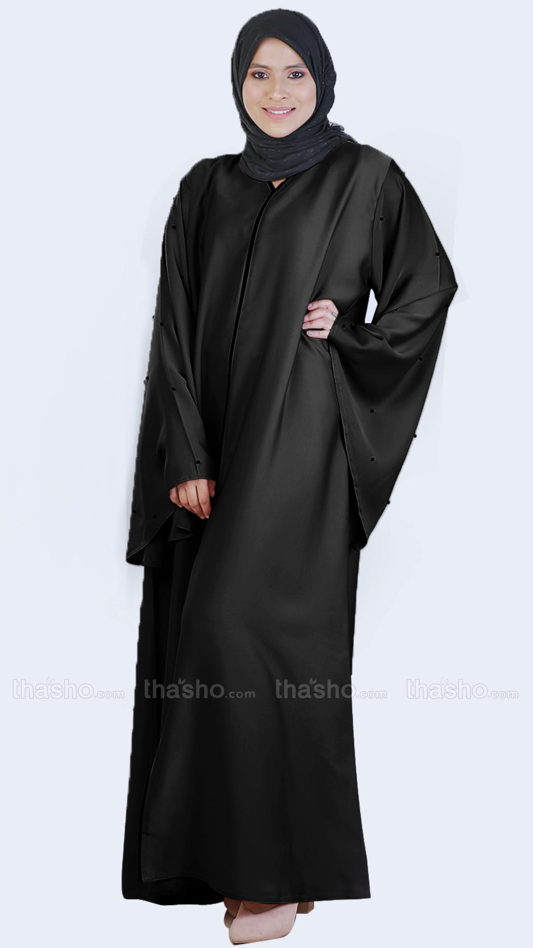 Black Simple Abaya With Pearl Work On Sleeve