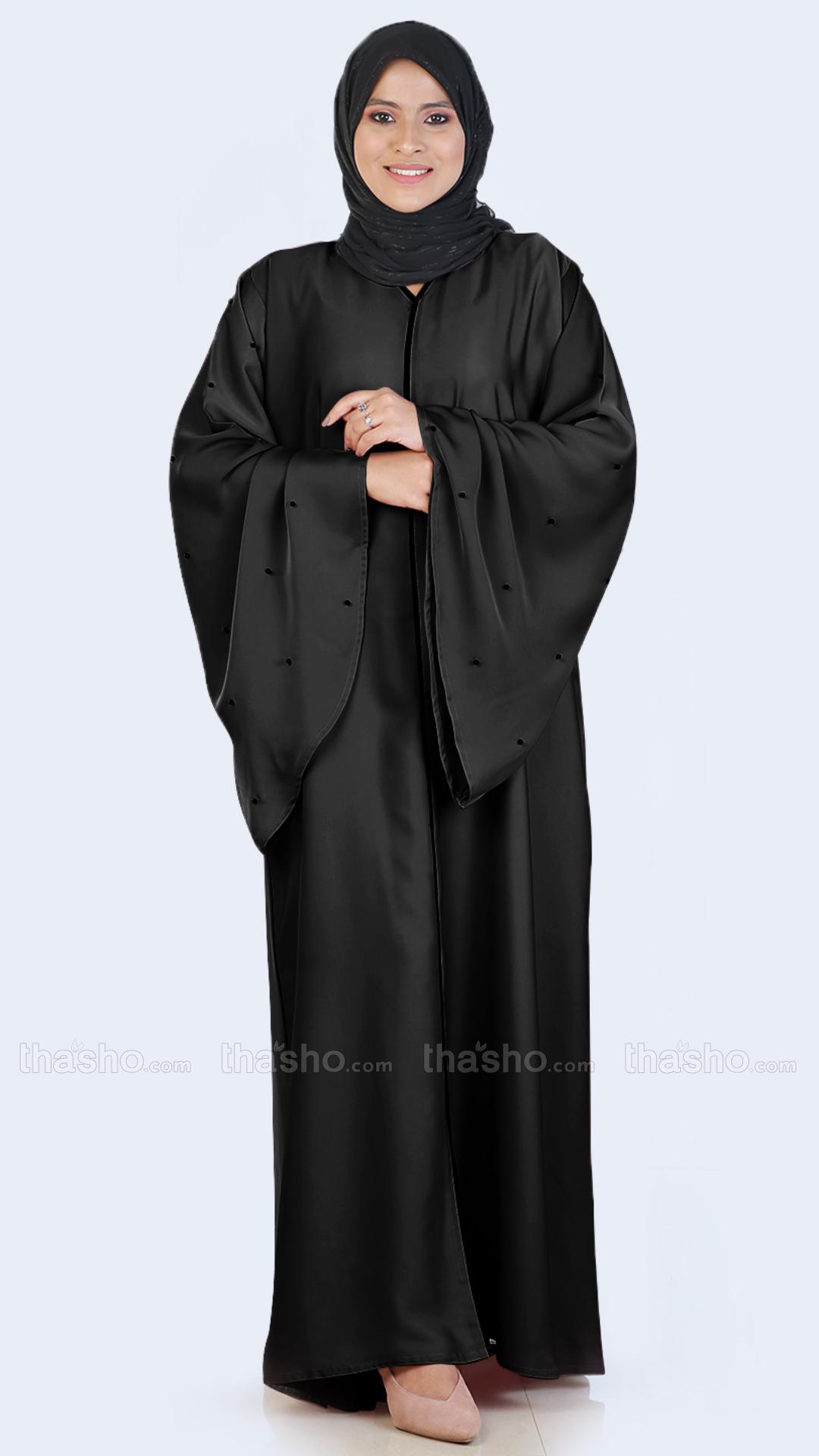 Black Simple Abaya with Pearl Work on the Sleeves