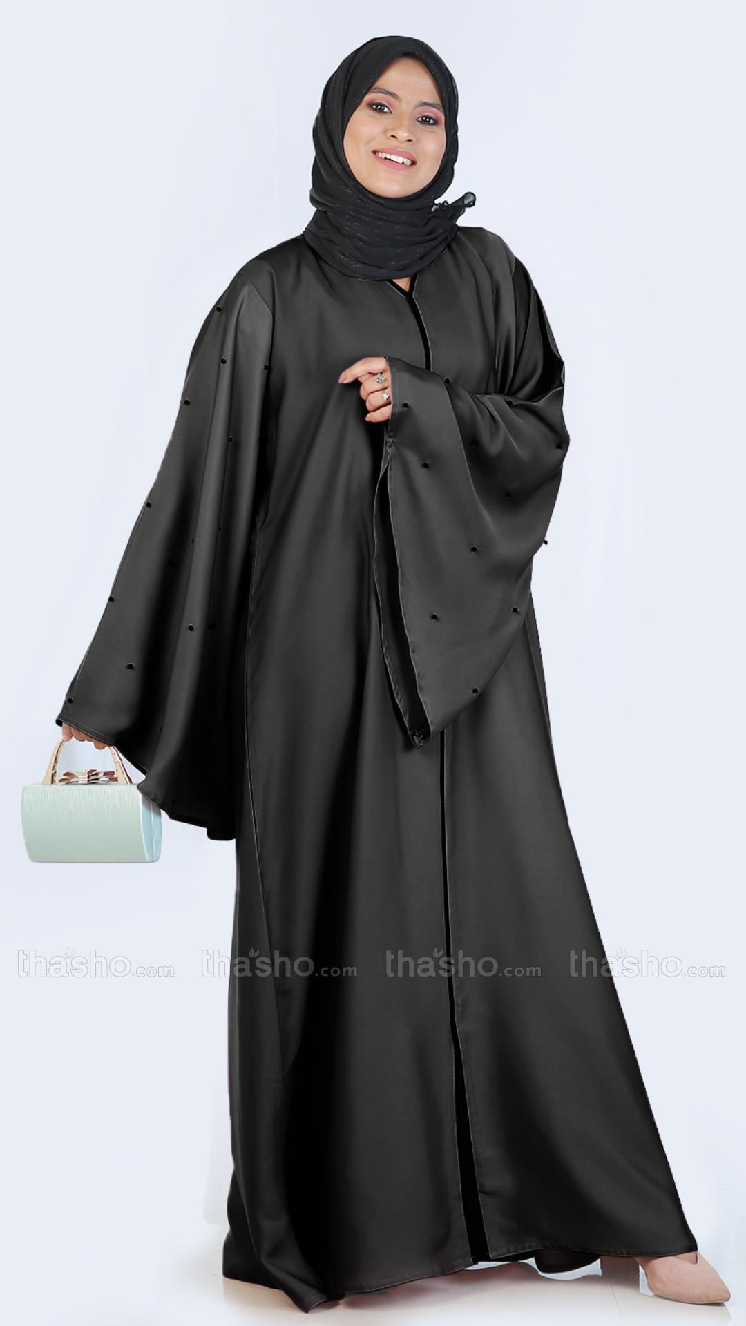 Black Simple Abaya With Pearl Work On Sleeve