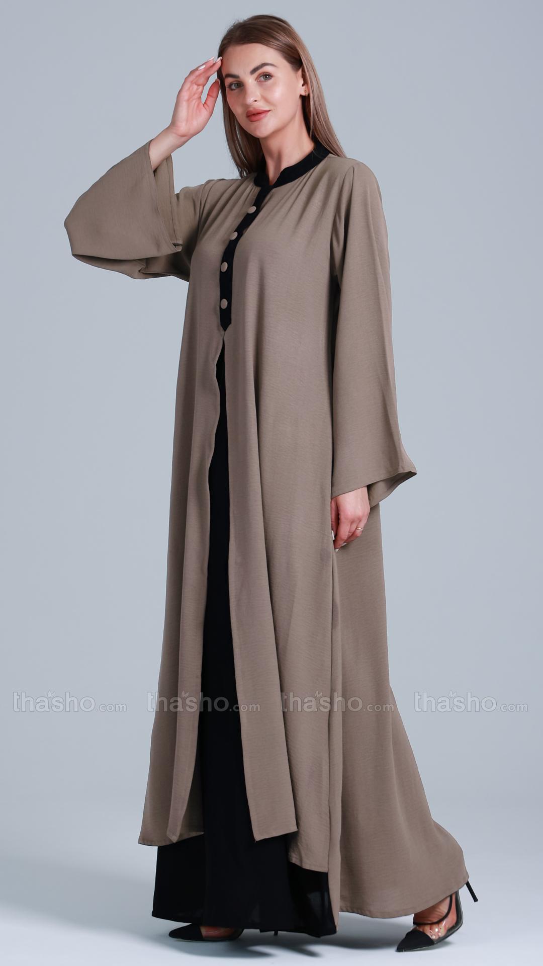 Black And Brown Attached Shrug Abaya With Show Buttons On Front