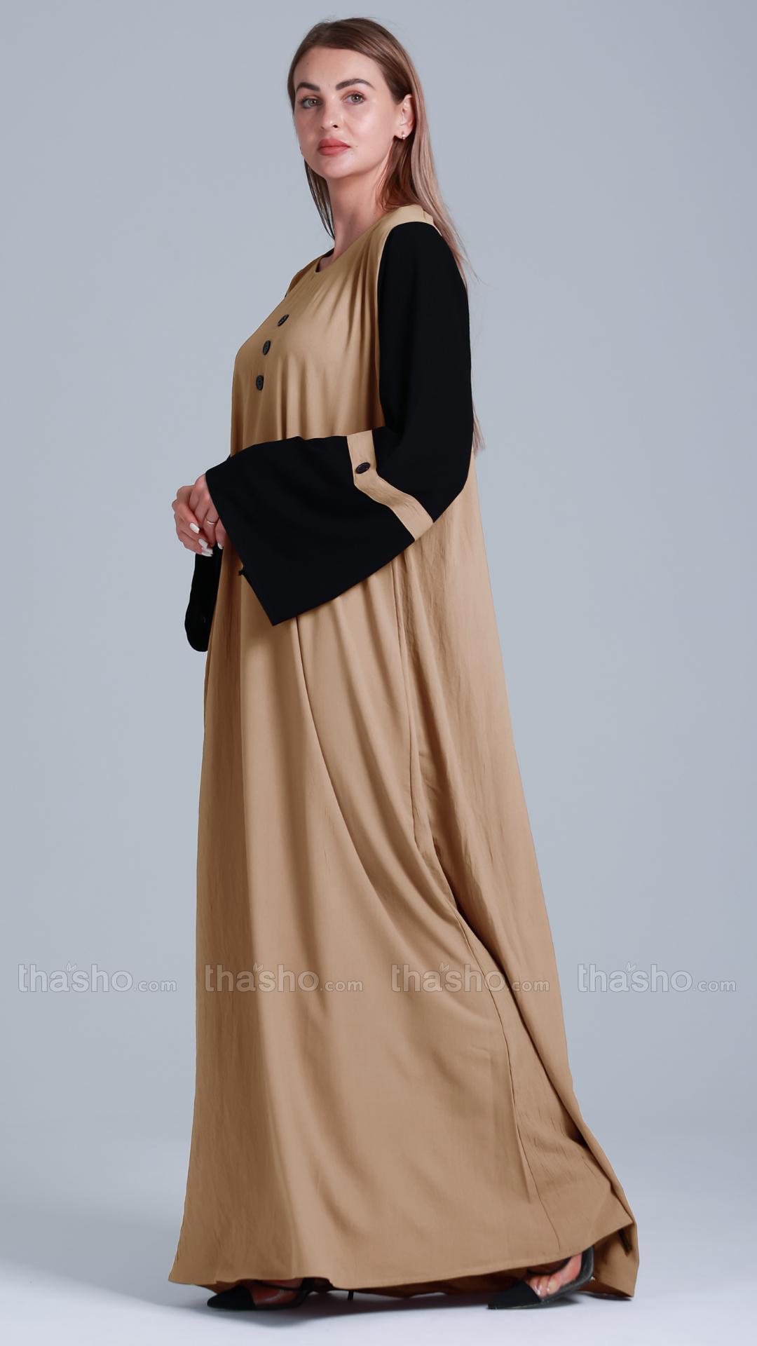 Beige Abaya with Black Show Buttons on the Front
