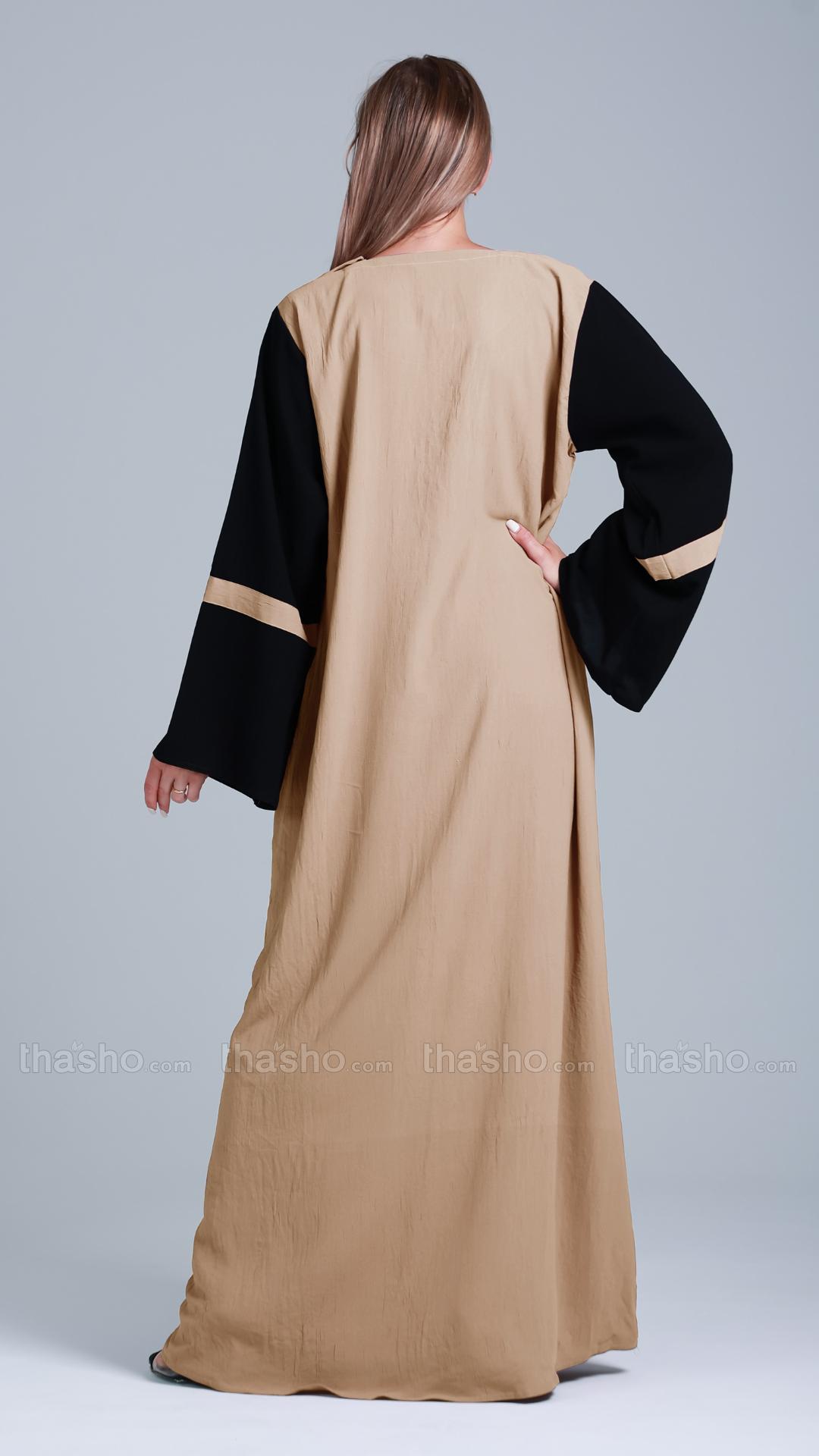Beige Abaya with Black Show Buttons on the Front
