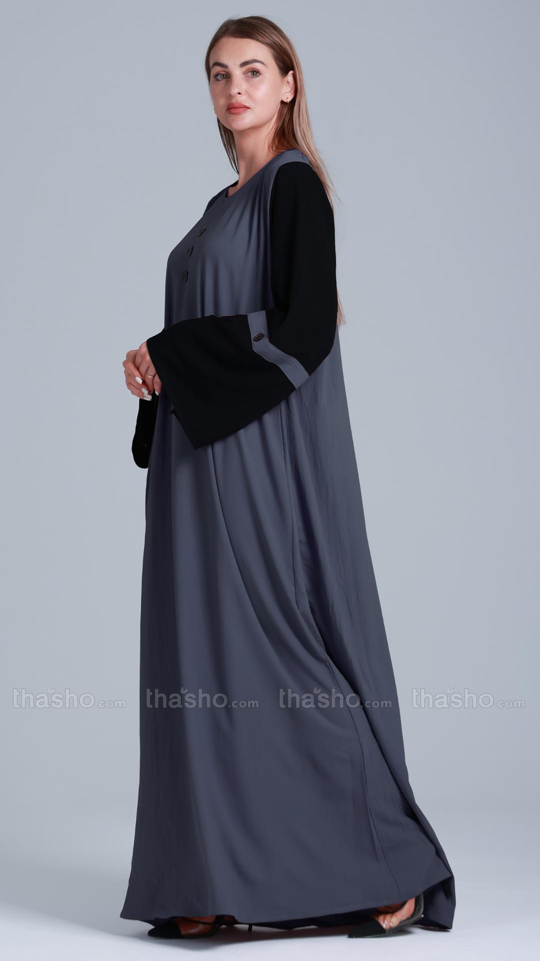 Abaya With Black Show Button On Front in Dark Grey.