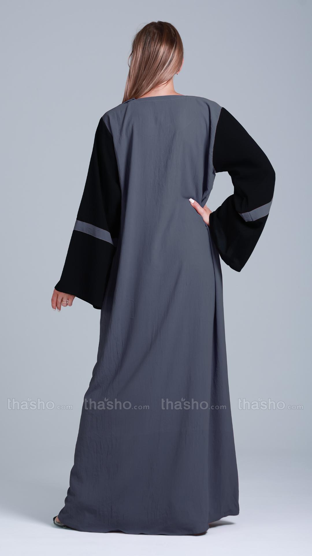 Abaya With Black Show Button On Front in Dark Grey.