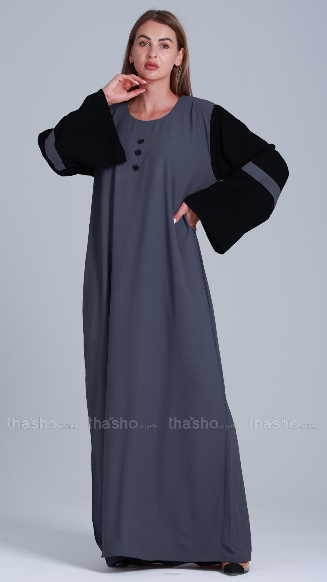 Abaya With Black Show Button On Front in Dark Grey.