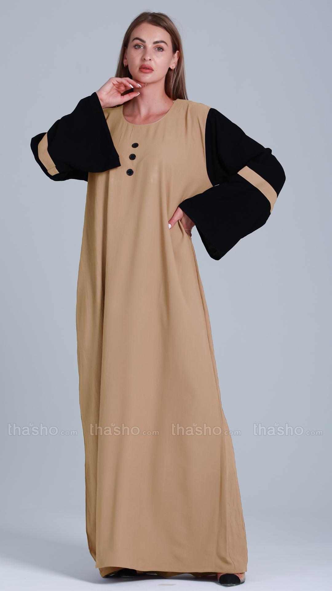 Beige Abaya with Black Show Buttons on the Front