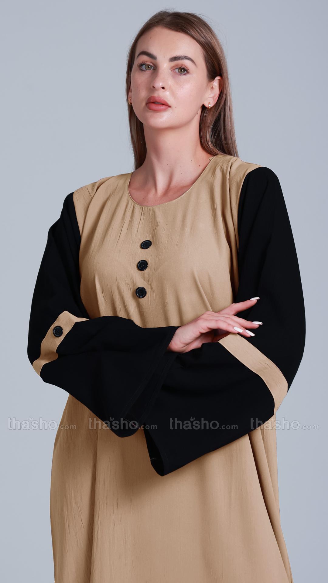 Beige Abaya with Black Show Buttons on the Front