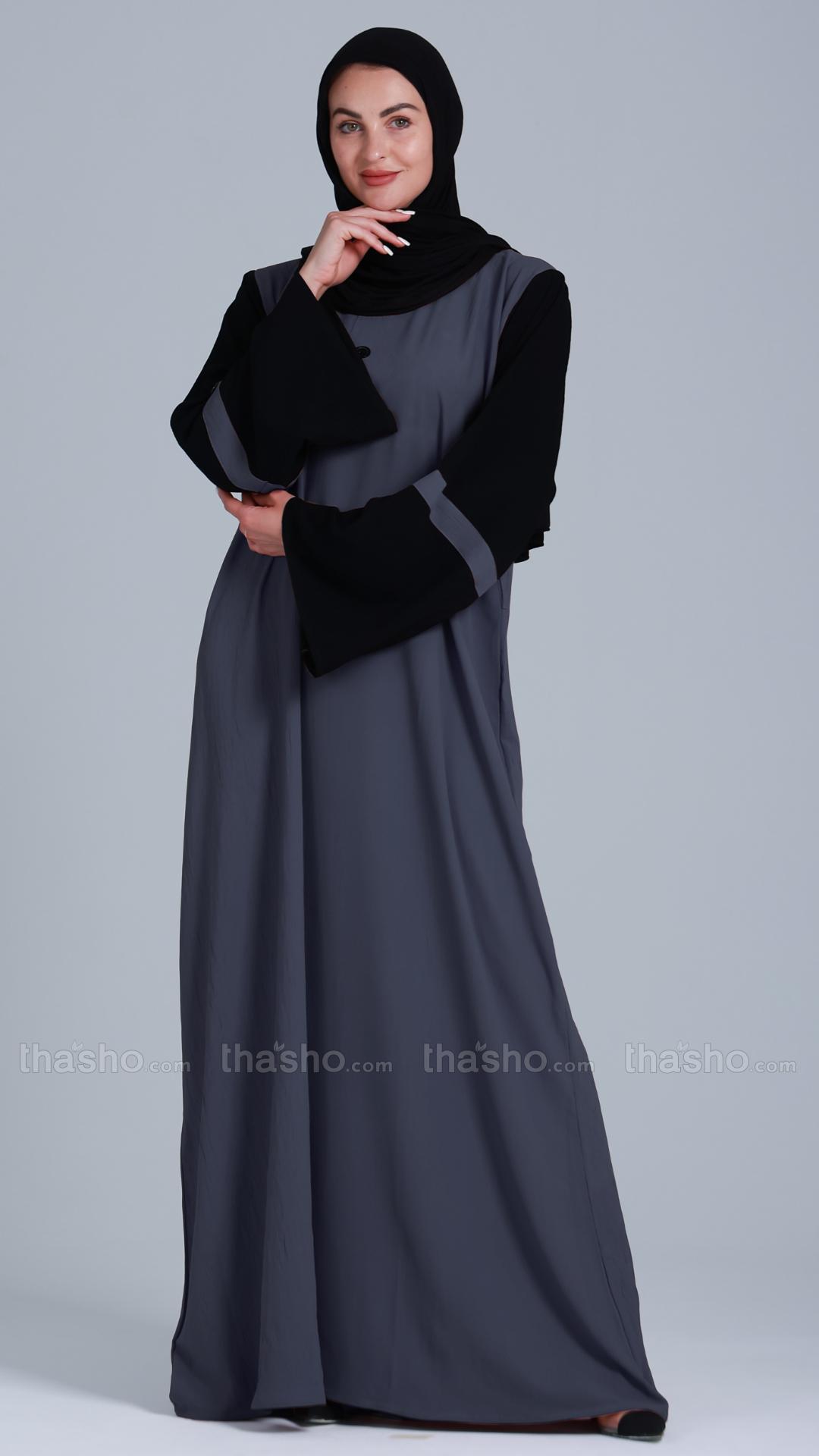 Abaya With Black Show Button On Front in Dark Grey.