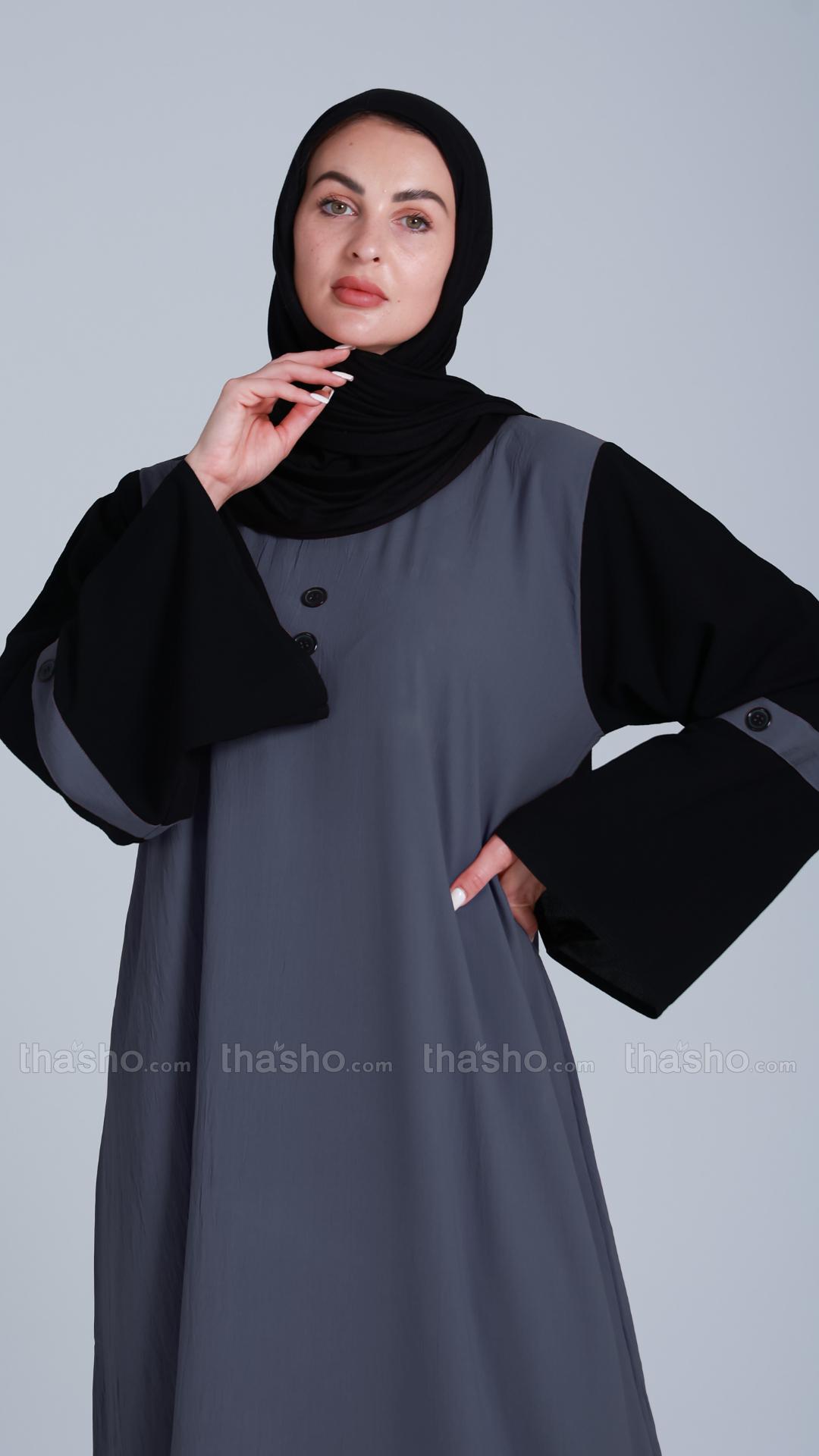 Abaya With Black Show Button On Front in Dark Grey.