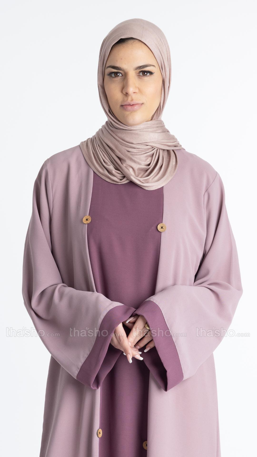  Modest Abaya With Show Buttons On The Front In Blush Pink And Dull Magenta