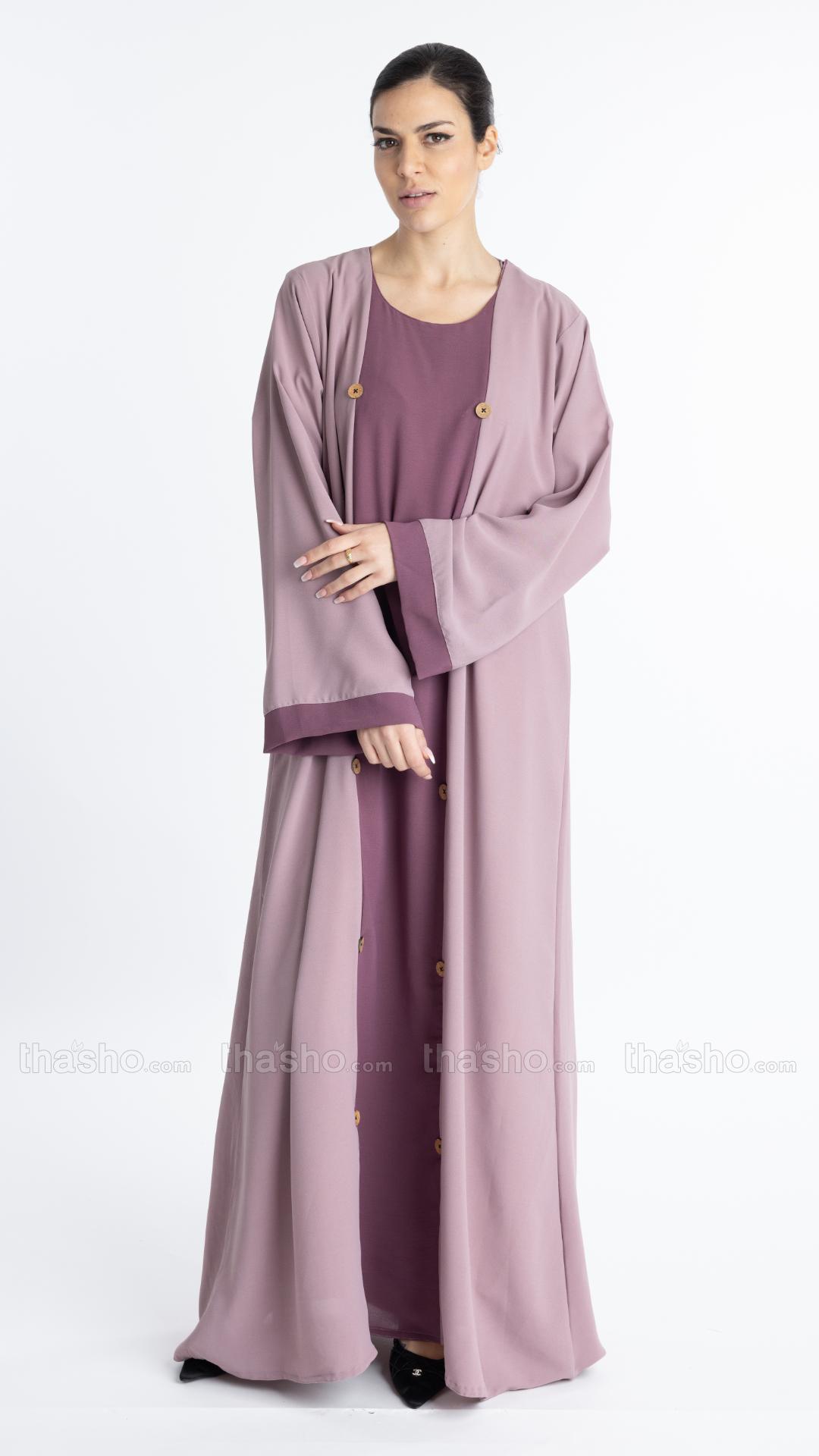  Modest Abaya With Show Buttons On The Front In Blush Pink And Dull Magenta