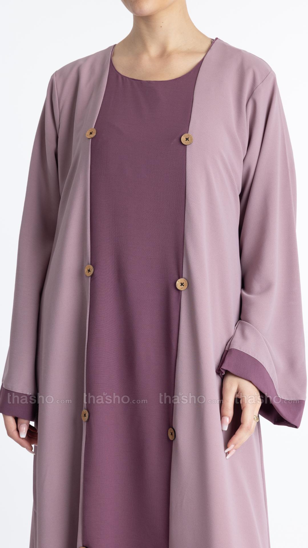  Modest Abaya With Show Buttons On The Front In Blush Pink And Dull Magenta