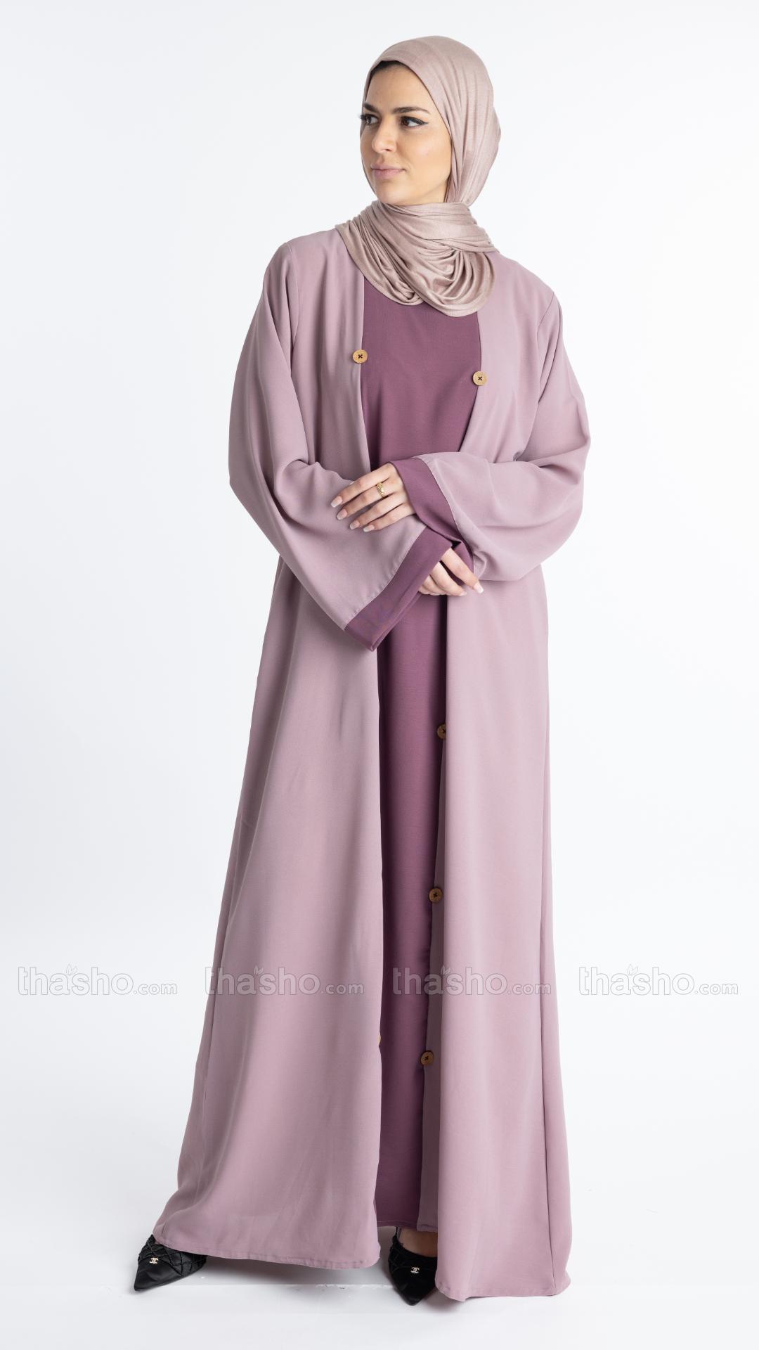  Modest Abaya With Show Buttons On The Front In Blush Pink And Dull Magenta