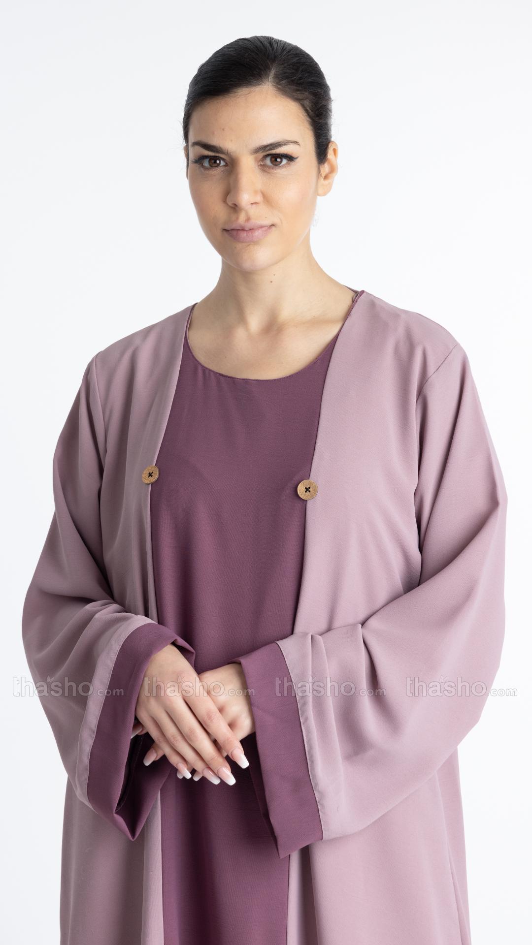  Modest Abaya With Show Buttons On The Front In Blush Pink And Dull Magenta