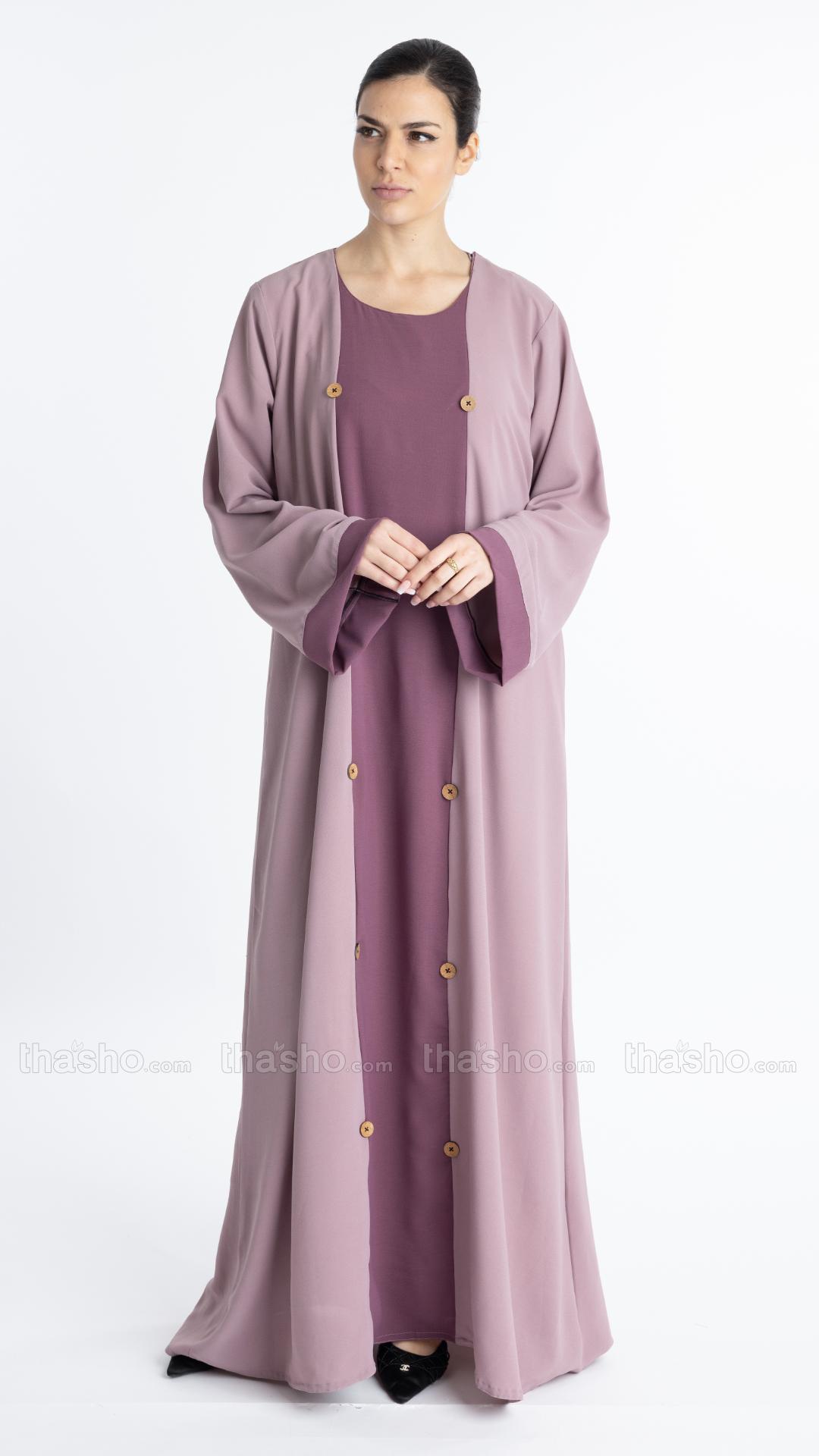  Modest Abaya With Show Buttons On The Front In Blush Pink And Dull Magenta