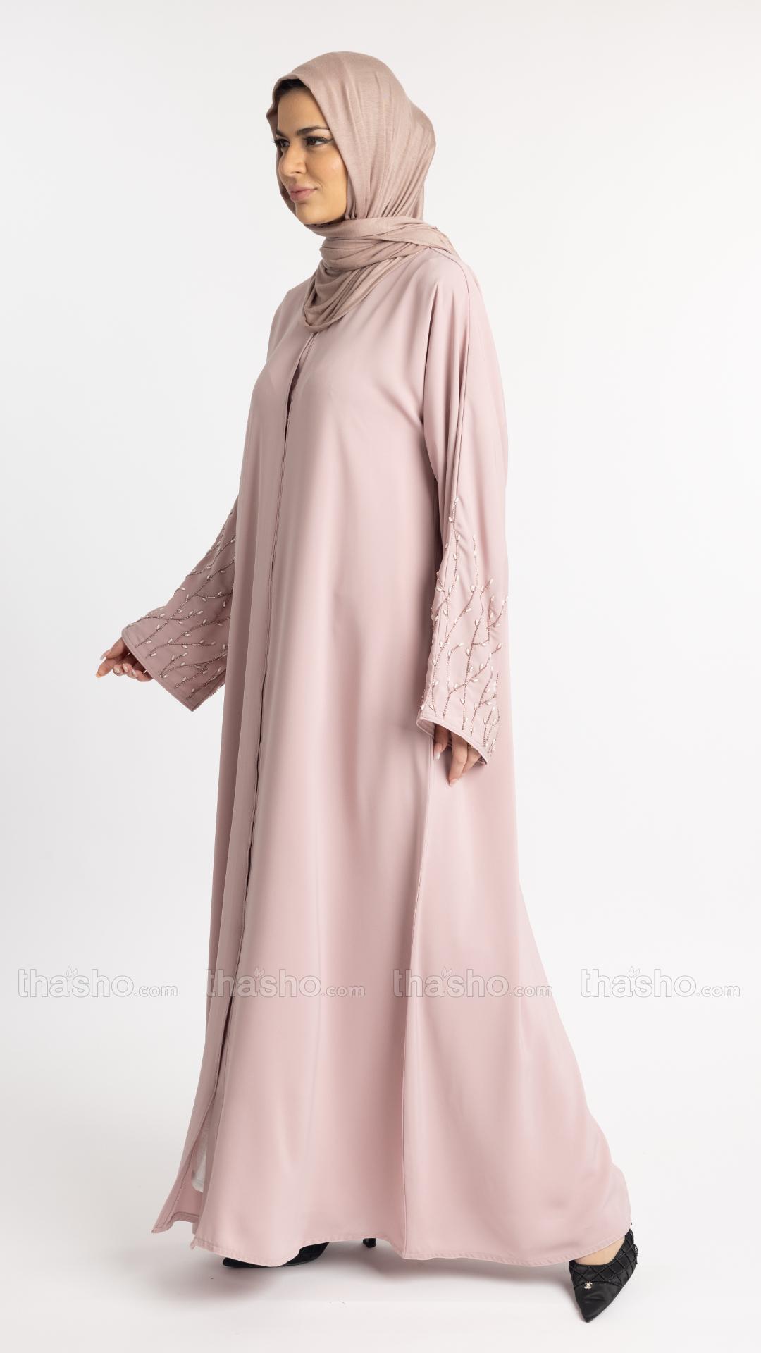  Blush Pink Classic Front Open Abaya with Handwork on the Sleeves 
