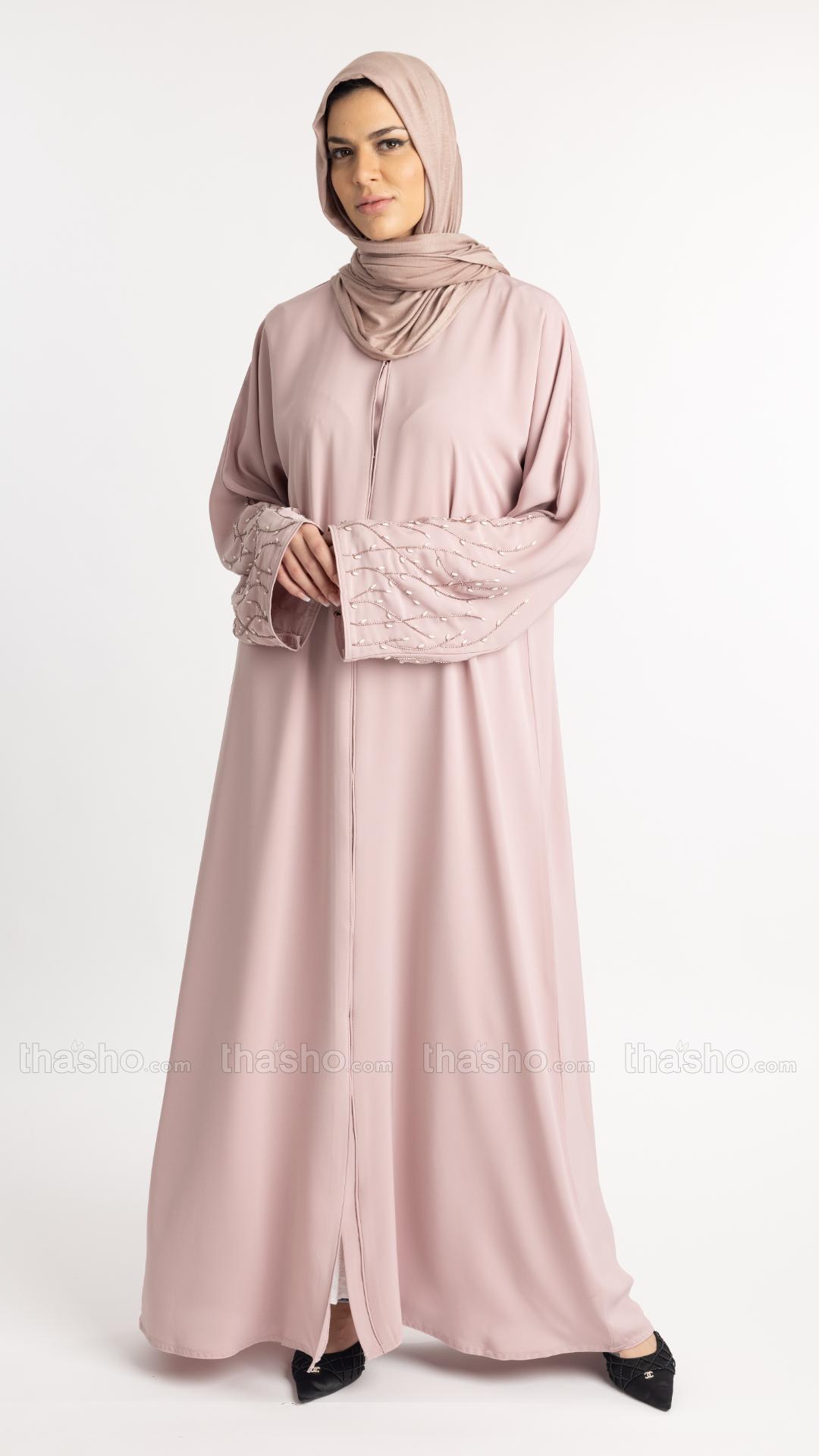  Blush Pink Classic Front Open Abaya with Handwork on the Sleeves 