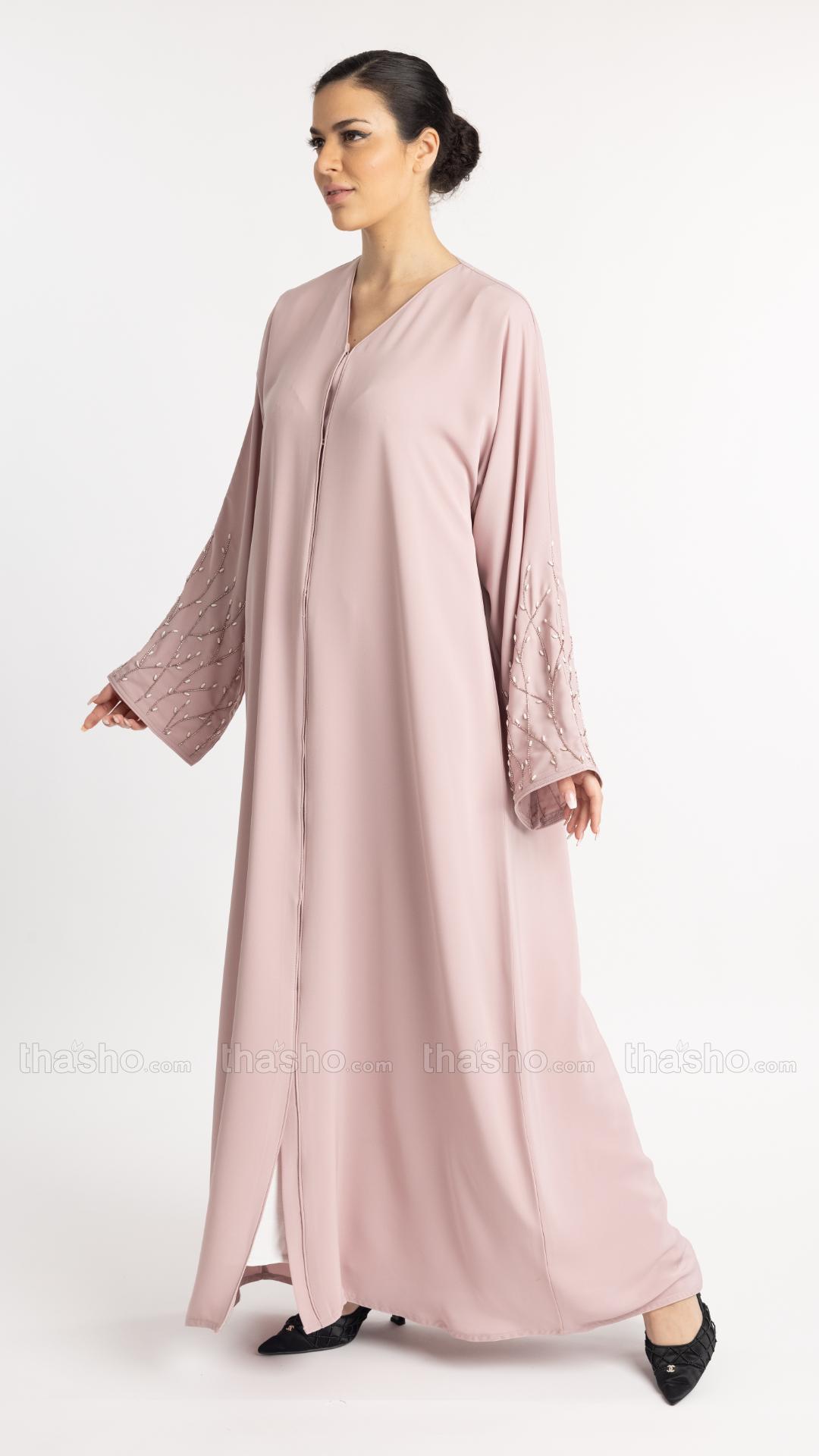  Blush Pink Classic Front Open Abaya with Handwork on the Sleeves 