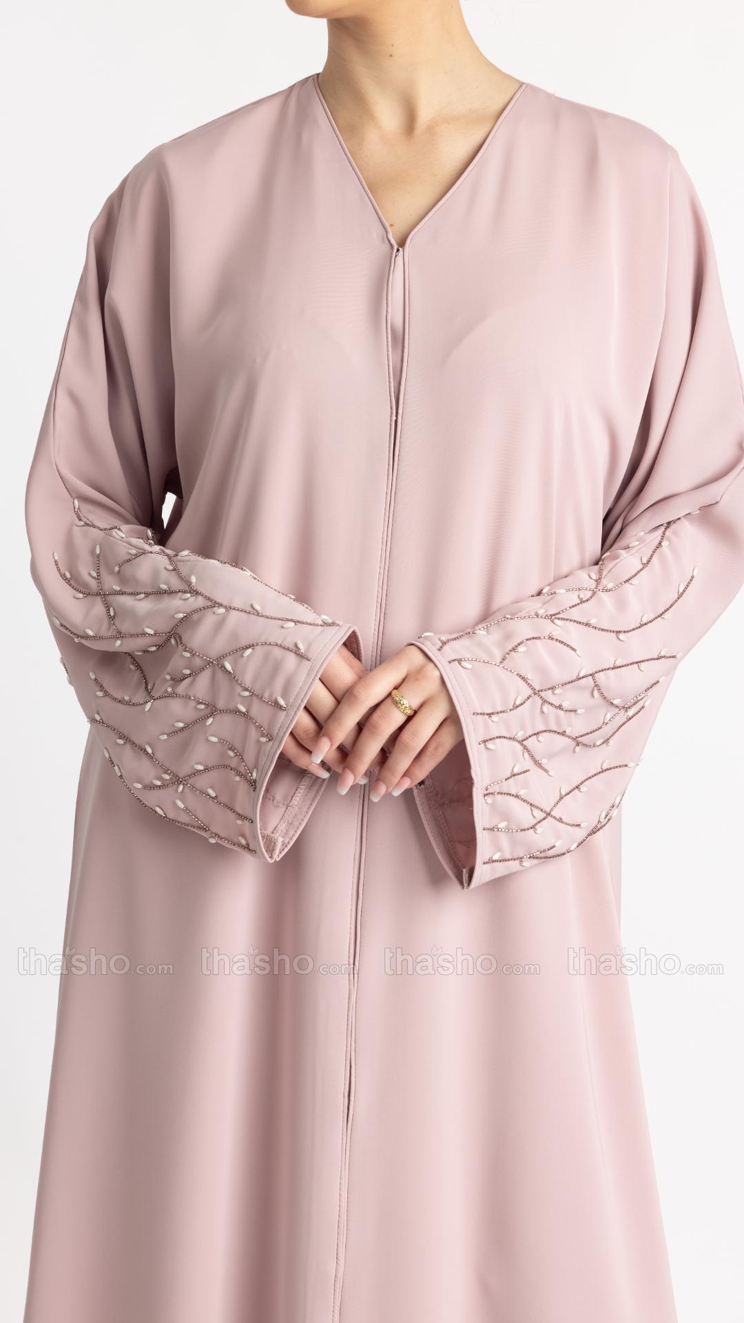  Blush Pink Classic Front Open Abaya with Handwork on the Sleeves 