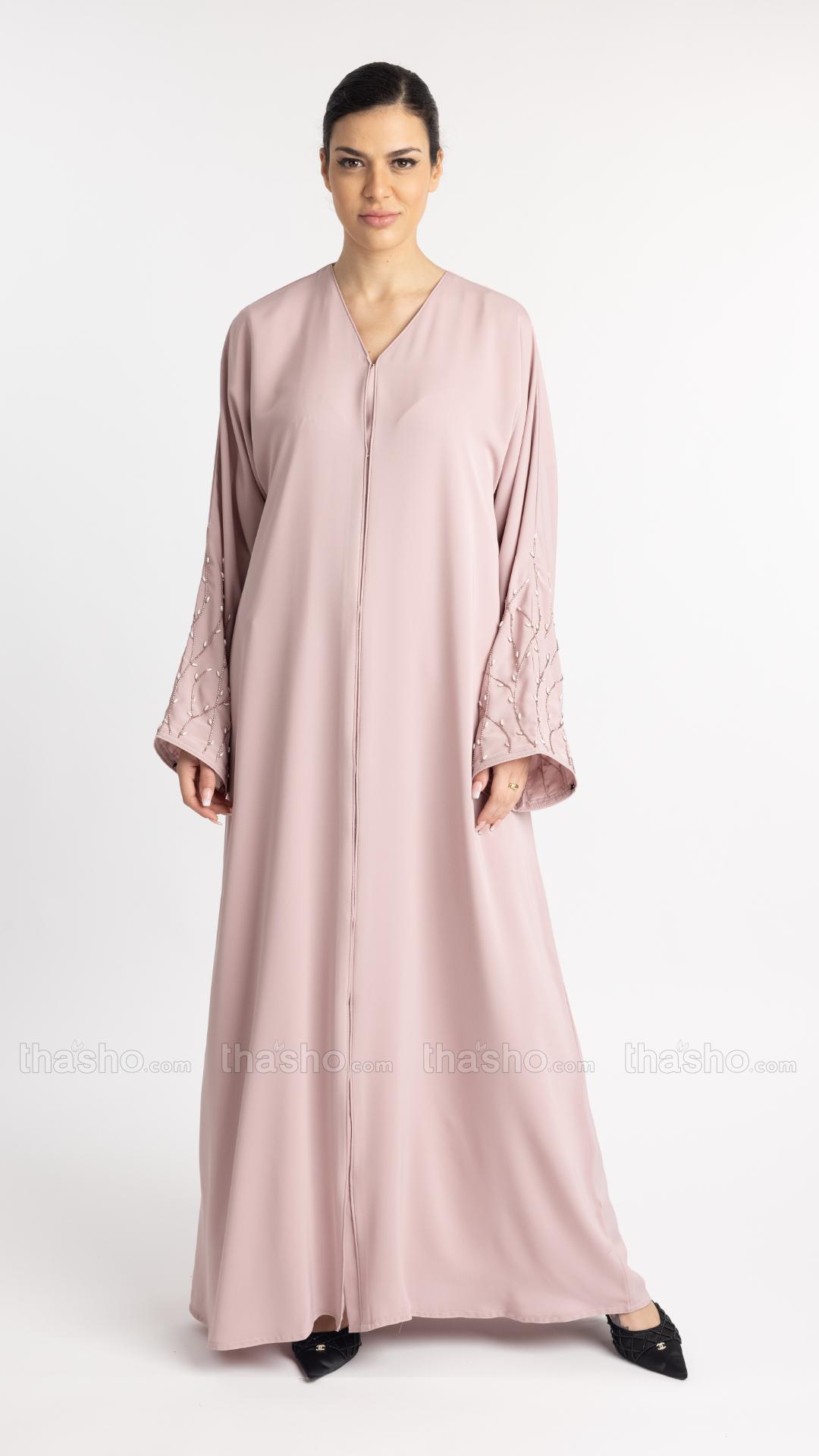  Blush Pink Classic Front Open Abaya with Handwork on the Sleeves 