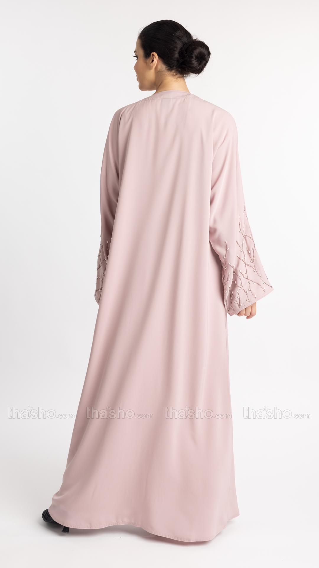  Blush Pink Classic Front Open Abaya with Handwork on the Sleeves 