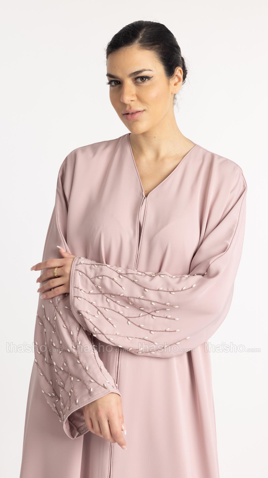  Blush Pink Classic Front Open Abaya with Handwork on the Sleeves 